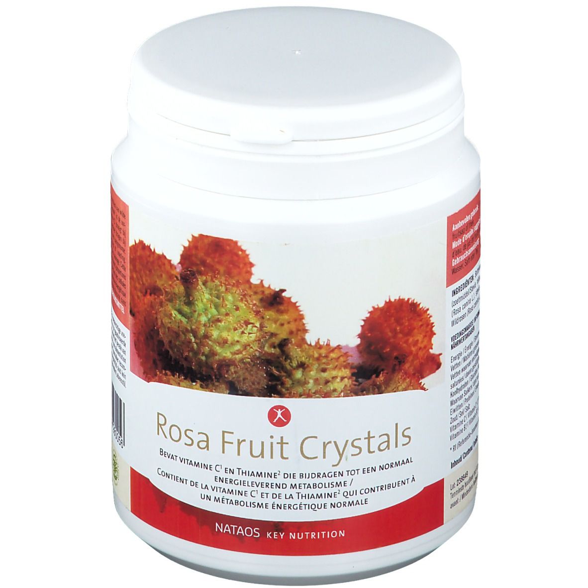 Pot blanc avec étiquette. Inscription : Rosa Fruit Crystals. Illustration de fruits. Texte multilingue.