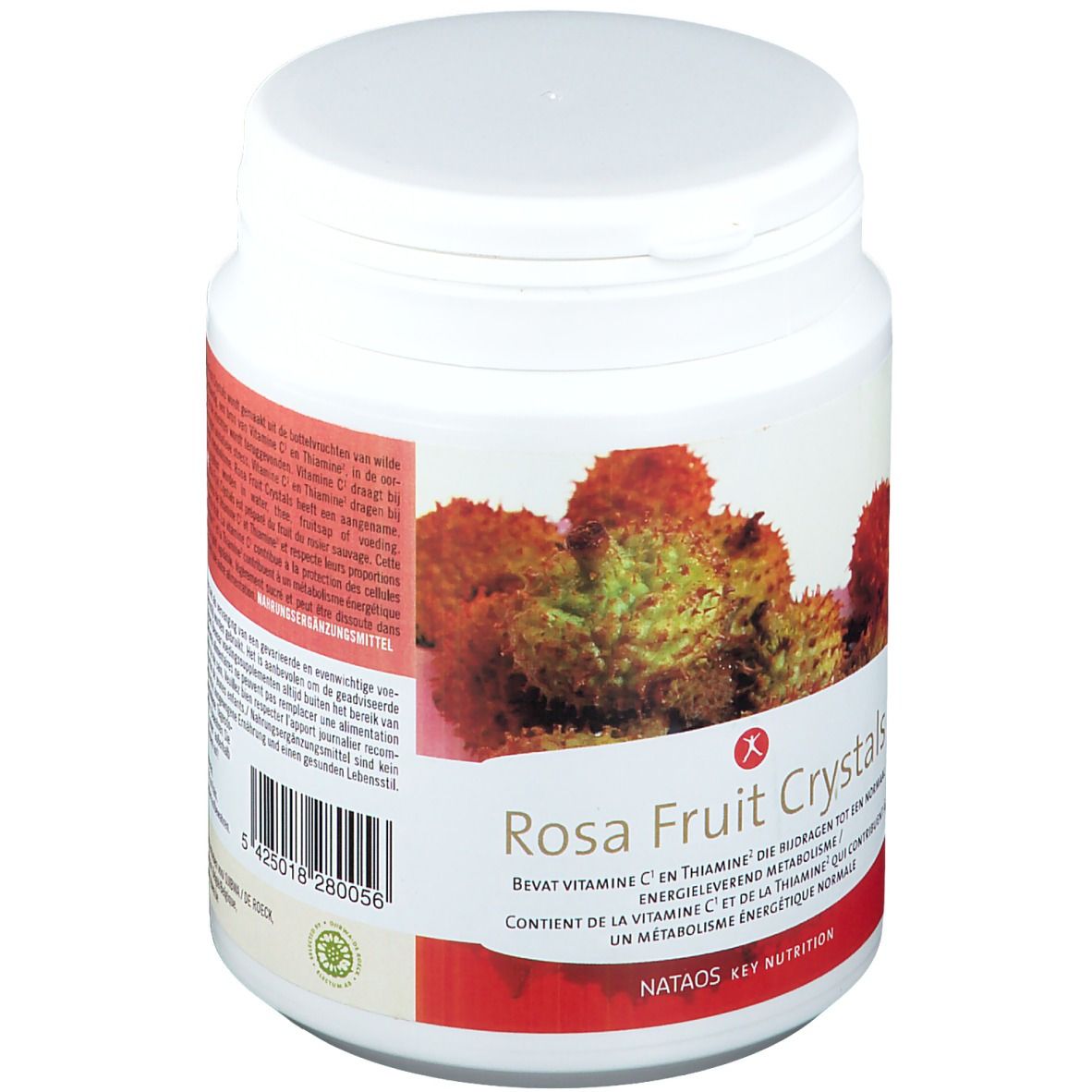 Pot blanc avec étiquette. Inscription : Rosa Fruit Crystals. Illustration de fruits. Texte multilingue.