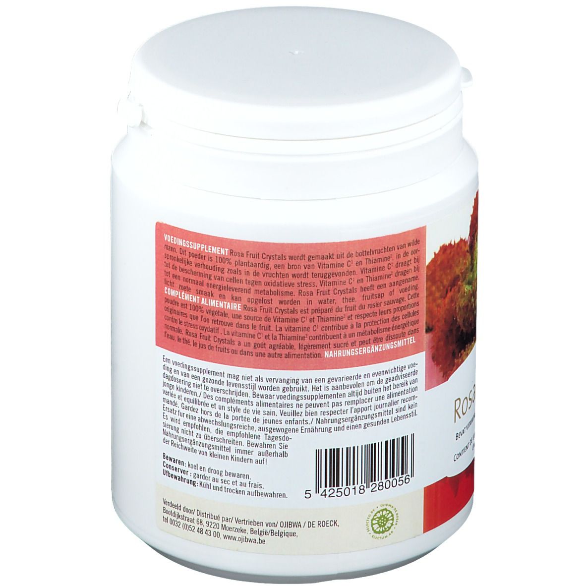 Pot blanc avec étiquette. Texte avec informations sur le produit. Illustration de fruits. Label de qualité vert.