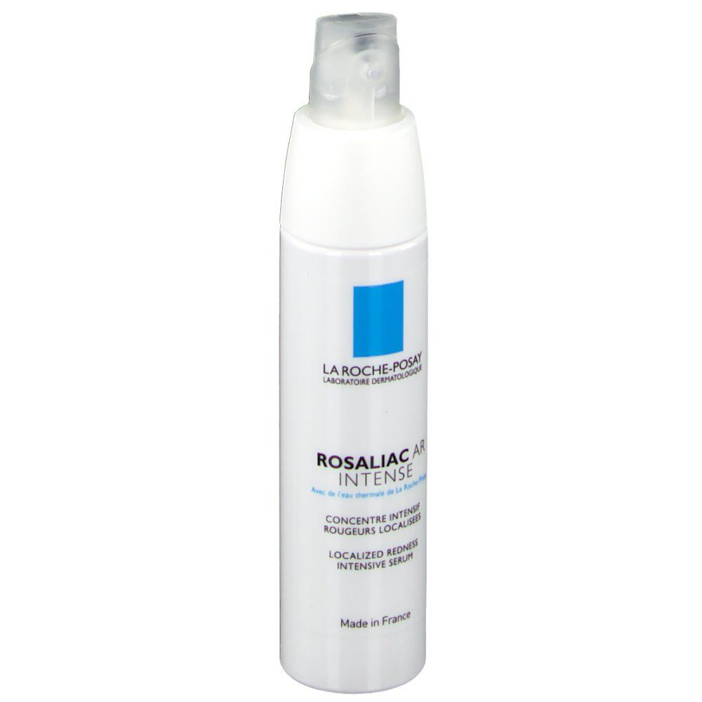 Weißes Serumfläschchen mit blauem Logo. Aufschrift: Rosaliac AR Intense, Serum gegen Hautrötungen. Mit Dosierkopf.