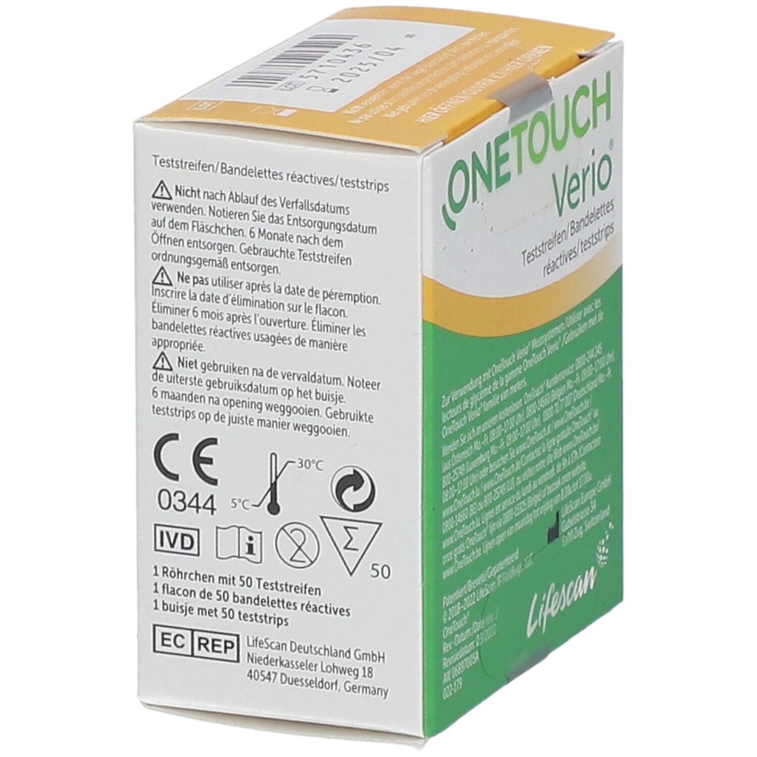 Boîte de bandelettes réactives OneTouch Verio. Dos avec informations d'élimination. Design vert et blanc. Couvercle jaune.