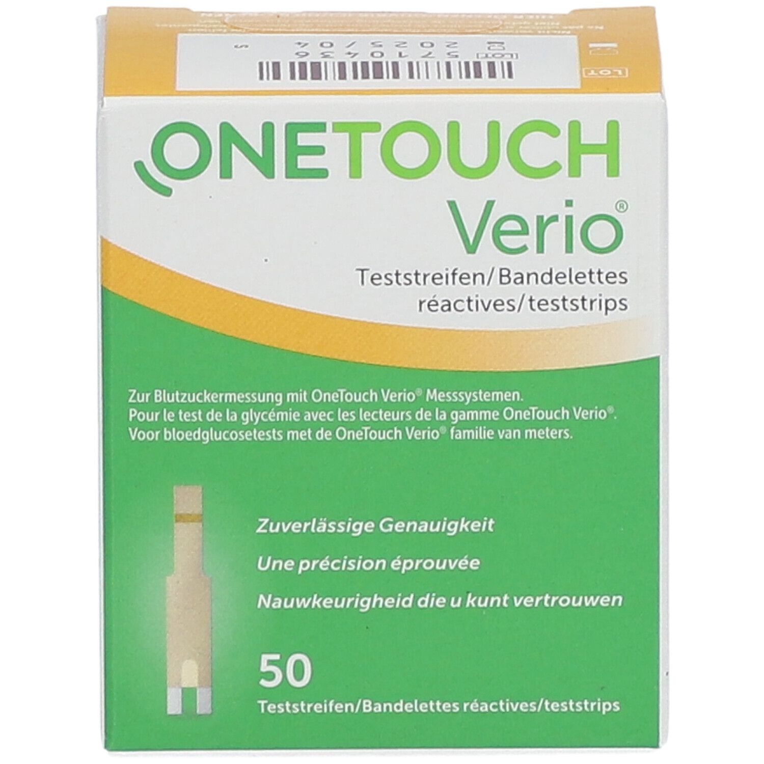 Boîte de bandelettes réactives OneTouch Verio. 50 bandelettes. Design vert et blanc avec logo de la marque. Couvercle jaune.