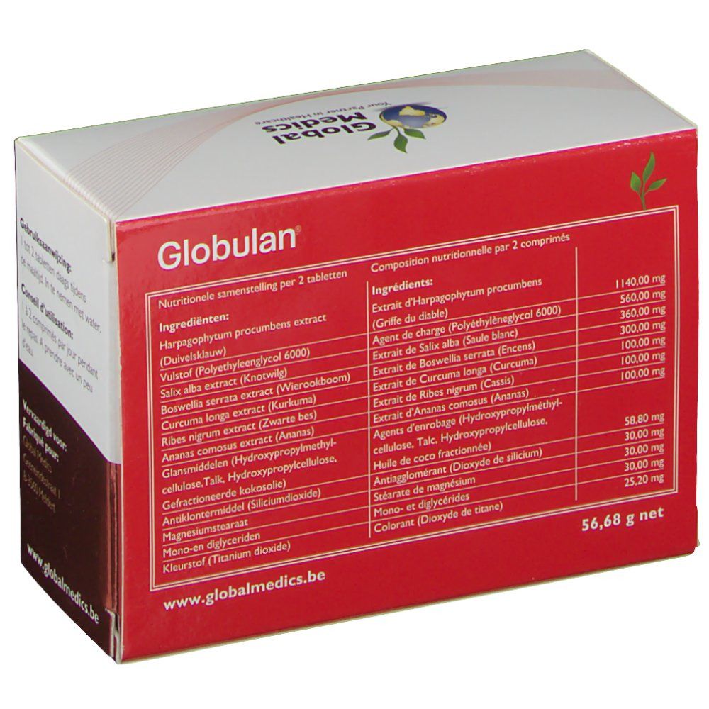 Rückseite der Globulan Verpackung mit Nährwertangaben und Inhaltsstoffen.