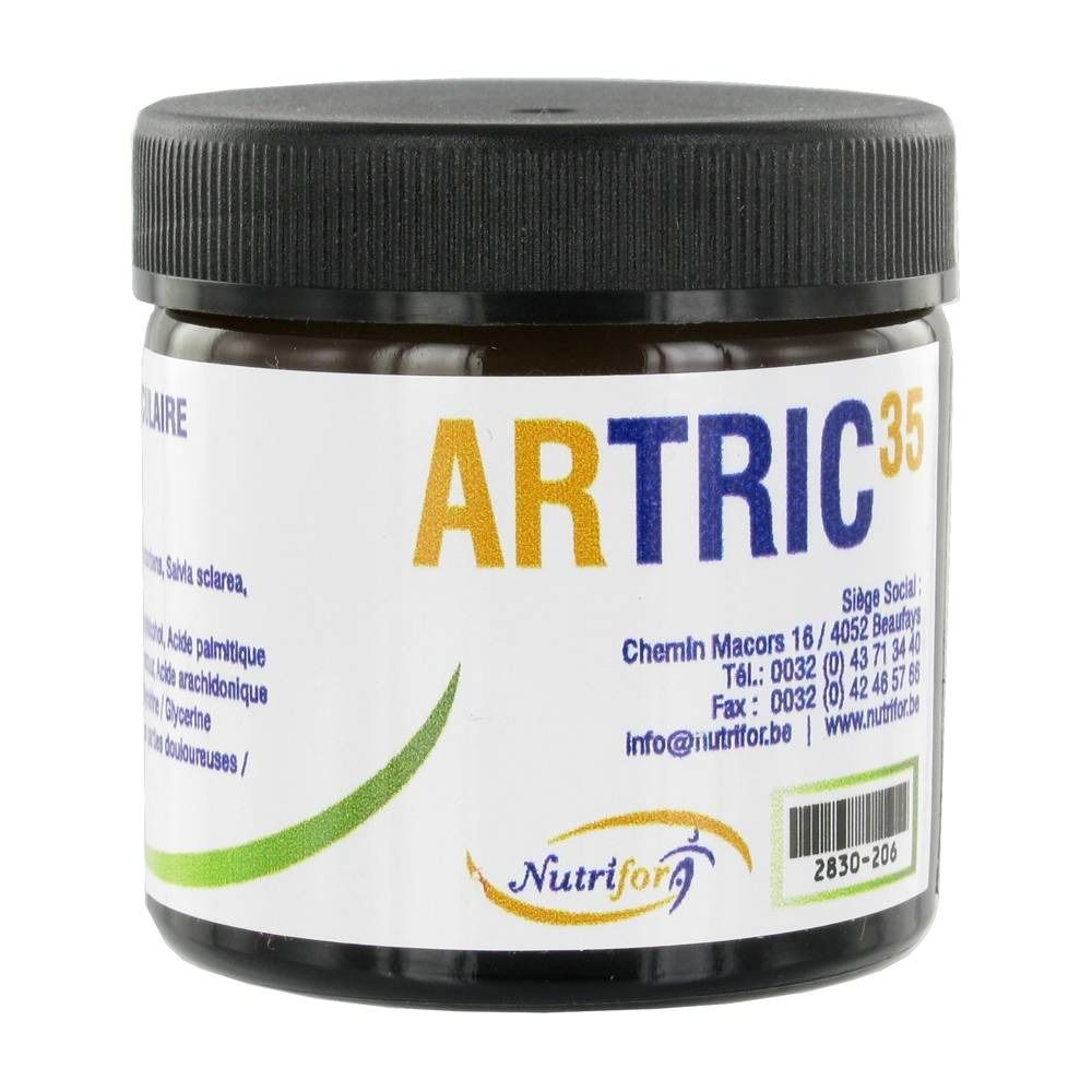 Bruine pot met zwarte deksel. Opschrift ARTRIC 35. Nutrifor logo. Etiket met ingrediënten en contactgegevens.