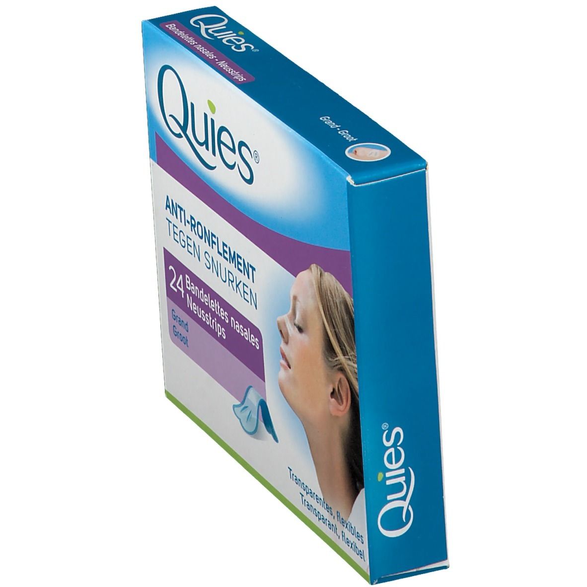 Schräg gestellte Verpackung mit Nasenpflastern. Aufschrift: Quies, Anti-Schnarchen, 24 Neustrips. Abbildung einer Frau.