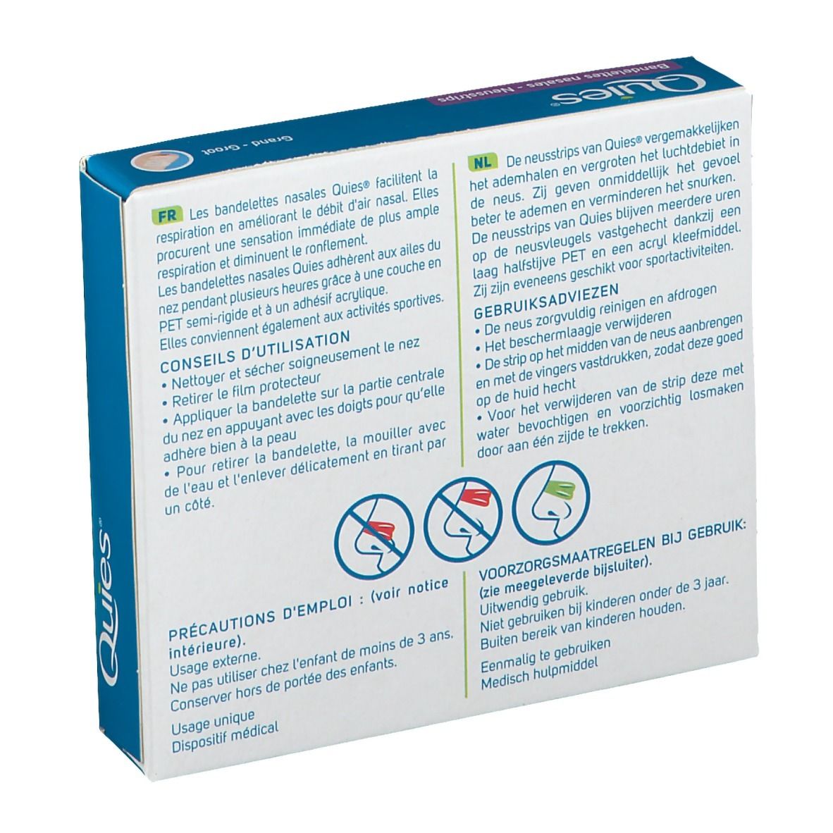 Rückseite der Verpackung mit Text. Aufschrift: Vorsichtsmaßnahmen, Gebrauchsanweisung. Abbildungen von Symbolen.