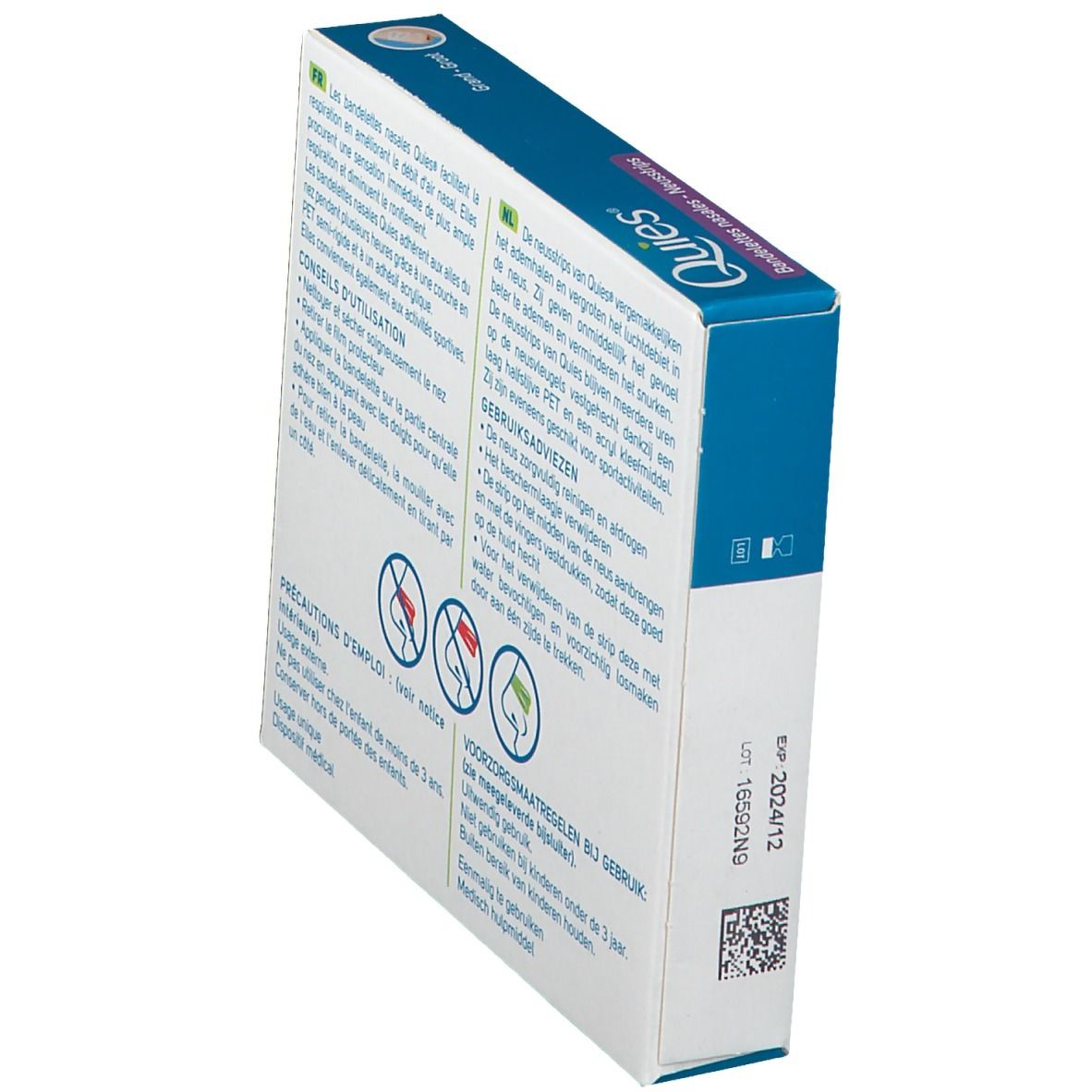 Schräg gestellte Verpackung, Rückseite. Text und Symbole. Aufschrift: Vorsichtsmaßnahmen, Gebrauchsanweisung.