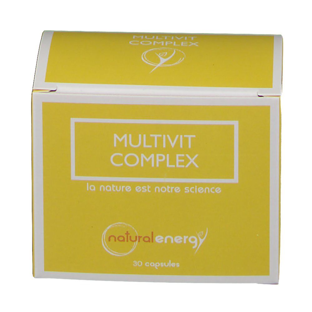 Boîte jaune avec cadre blanc et inscription MULTIVIT COMPLEX. Logo Natural Energy. Contient 30 capsules.