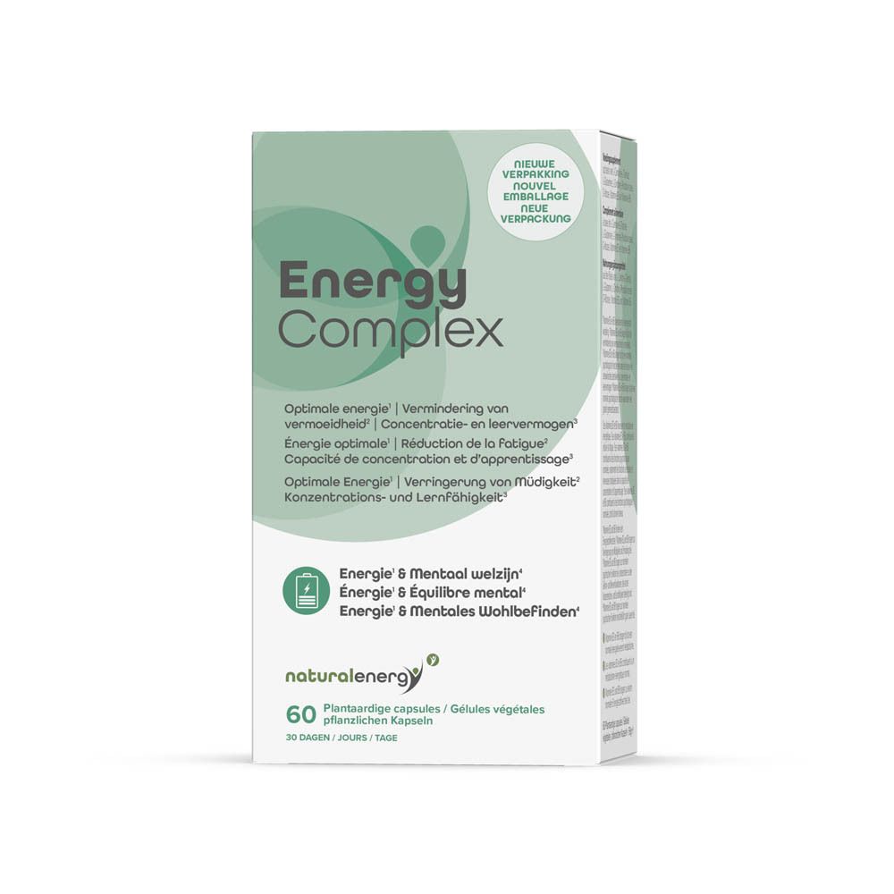 Boîte verte "Energy Complex". Contient 60 gélules végétales. Marque: naturalenergy.