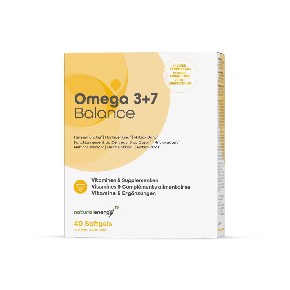 Schachtel mit "Omega 3+7 Balance". Aufschrift: "Vitaminen & Supplementen". Enthält 40 Softgels.