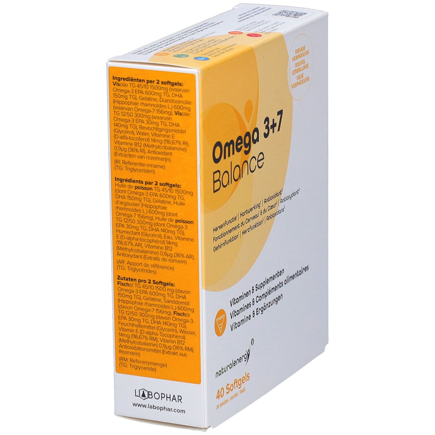 Seitenansicht der Omega 3+7 Balance Verpackung mit detaillierten Inhaltsstoffen pro 2 Softgels.