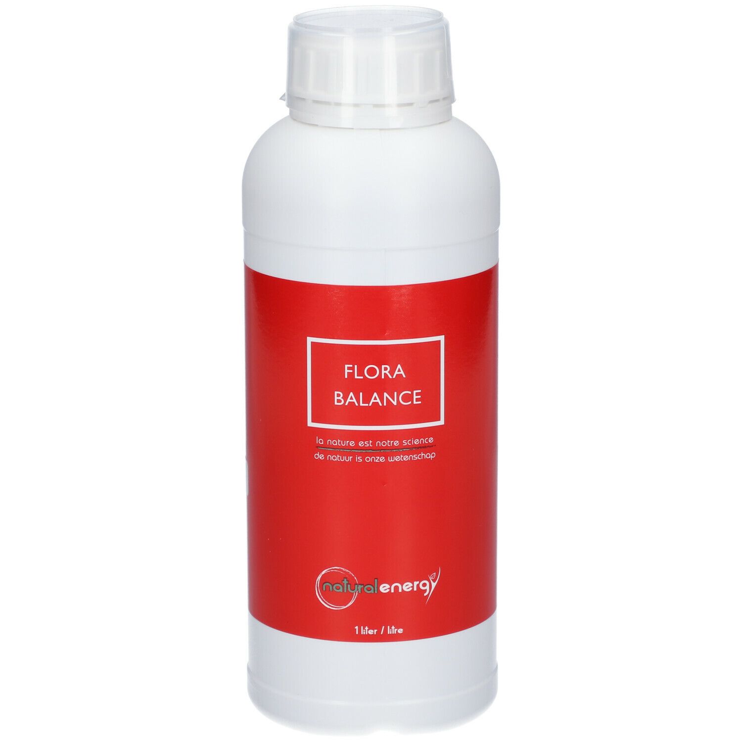 Witte fles met rood etiket. Opschrift: FLORA BALANCE. Daaronder: natural energy. 1 liter.