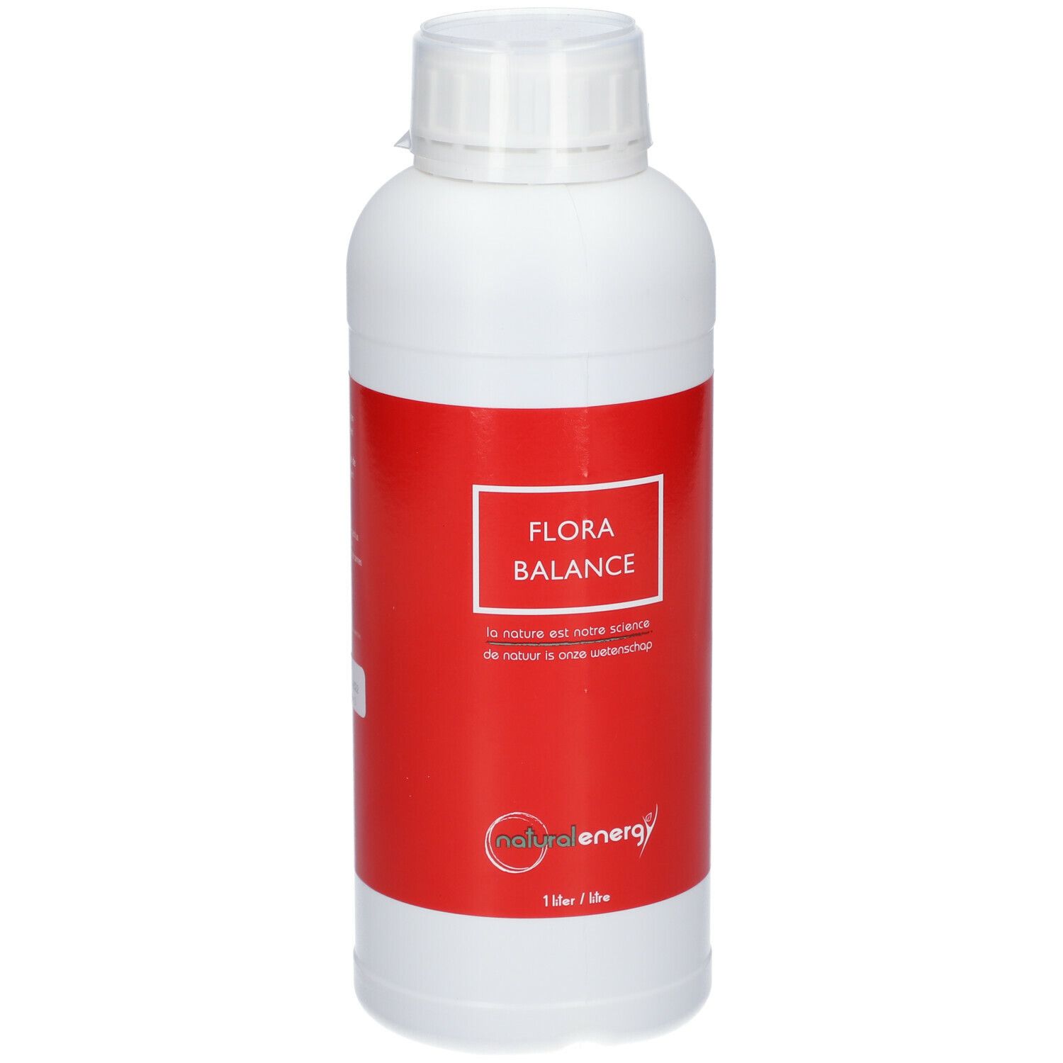 Witte fles met rood etiket. Opschrift: FLORA BALANCE. Daaronder: natural energy. 1 liter.