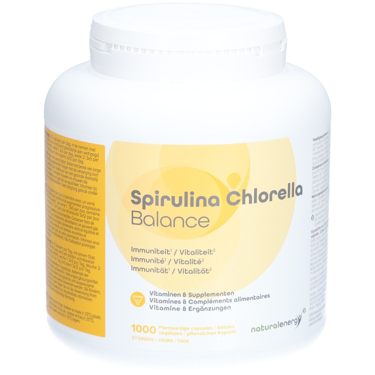 Witte fles met geel etiket. Opschrift: Spirulina Chlorella Balance, 1000 capsules, naturalenergy.