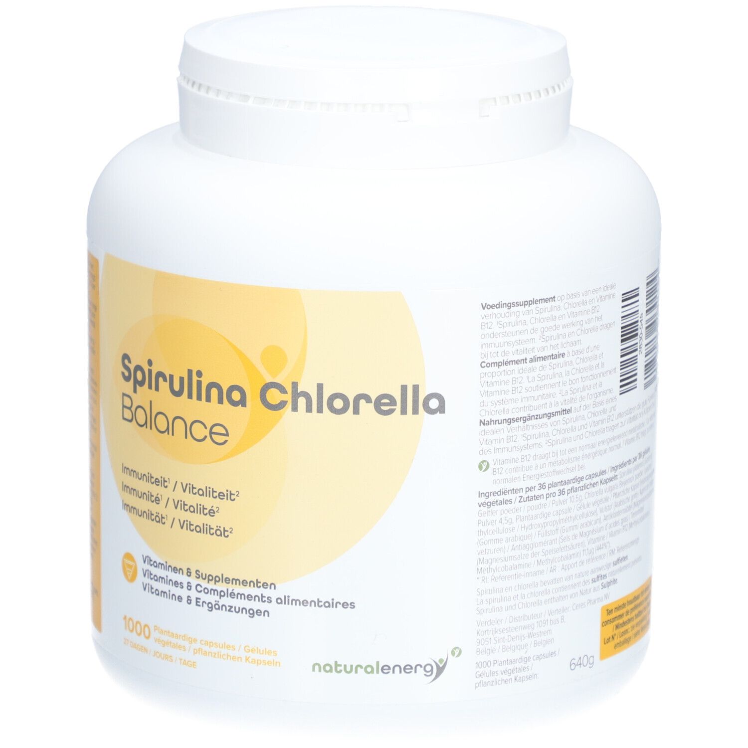 Witte fles met geel etiket. Opschrift: Spirulina Chlorella Balance, 1000 capsules, naturalenergy.