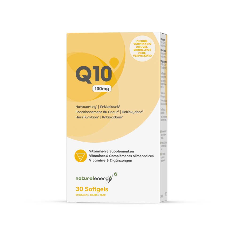 Packung Q10 100mg, 30 Softgels. Enthält Vitamine & Supplemente für Herzfunktion und als Antioxidans.