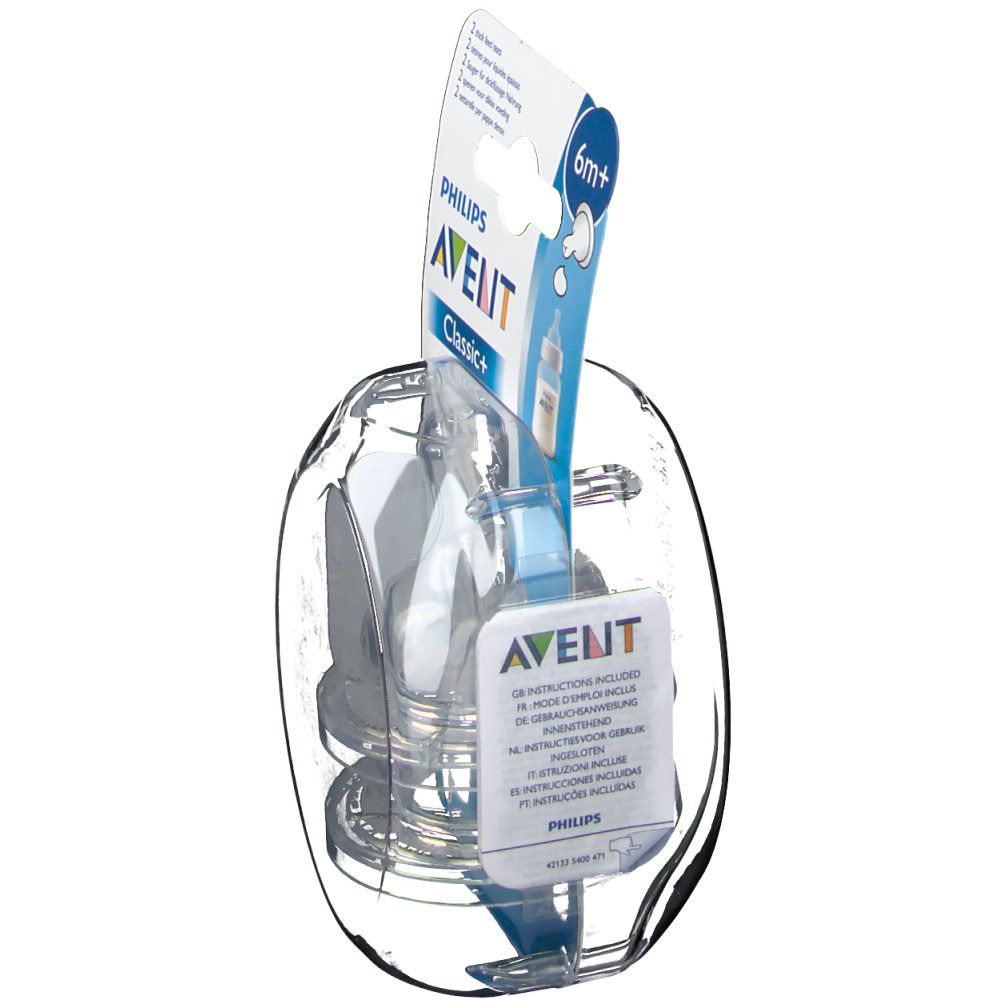 Verpackung mit zwei Philips AVENT Classic+ 6m+ Saugern. Ansicht von der Seite, transparente Silikonsauger.