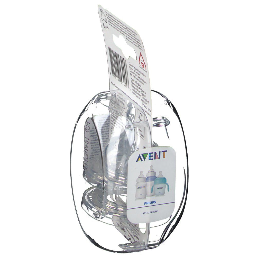 Verpackung mit zwei Philips AVENT Classic+ 6m+ Saugern. Rückseite der Verpackung mit Produktinformationen.
