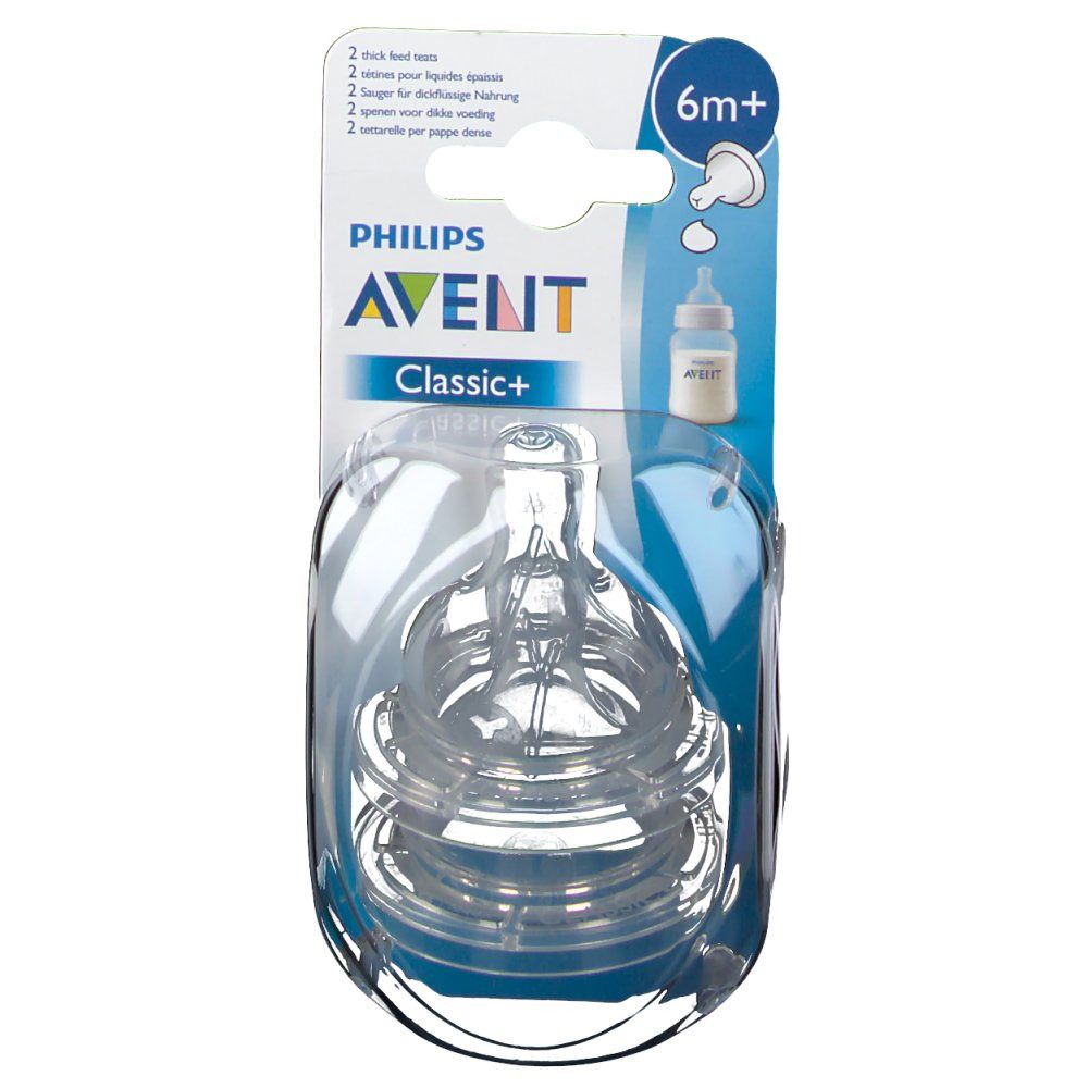 Verpackung mit zwei Philips AVENT Classic+ 6m+ Saugern. Klare, transparente Silikonsauger in Plastikverpackung.