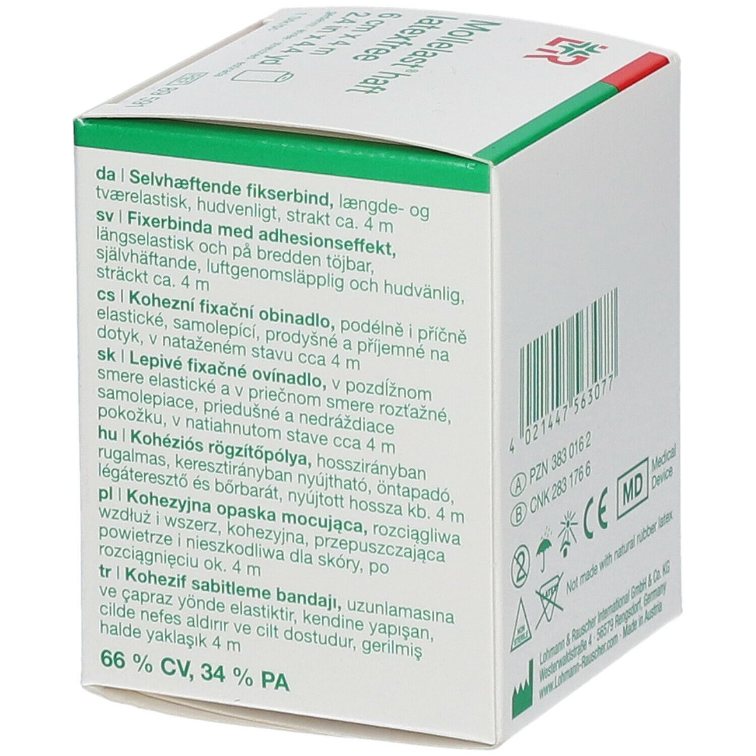 Doos Mollelast haft latexfree. Barcode en meertalige tekst. Certificeringen en fabrikantgegevens.