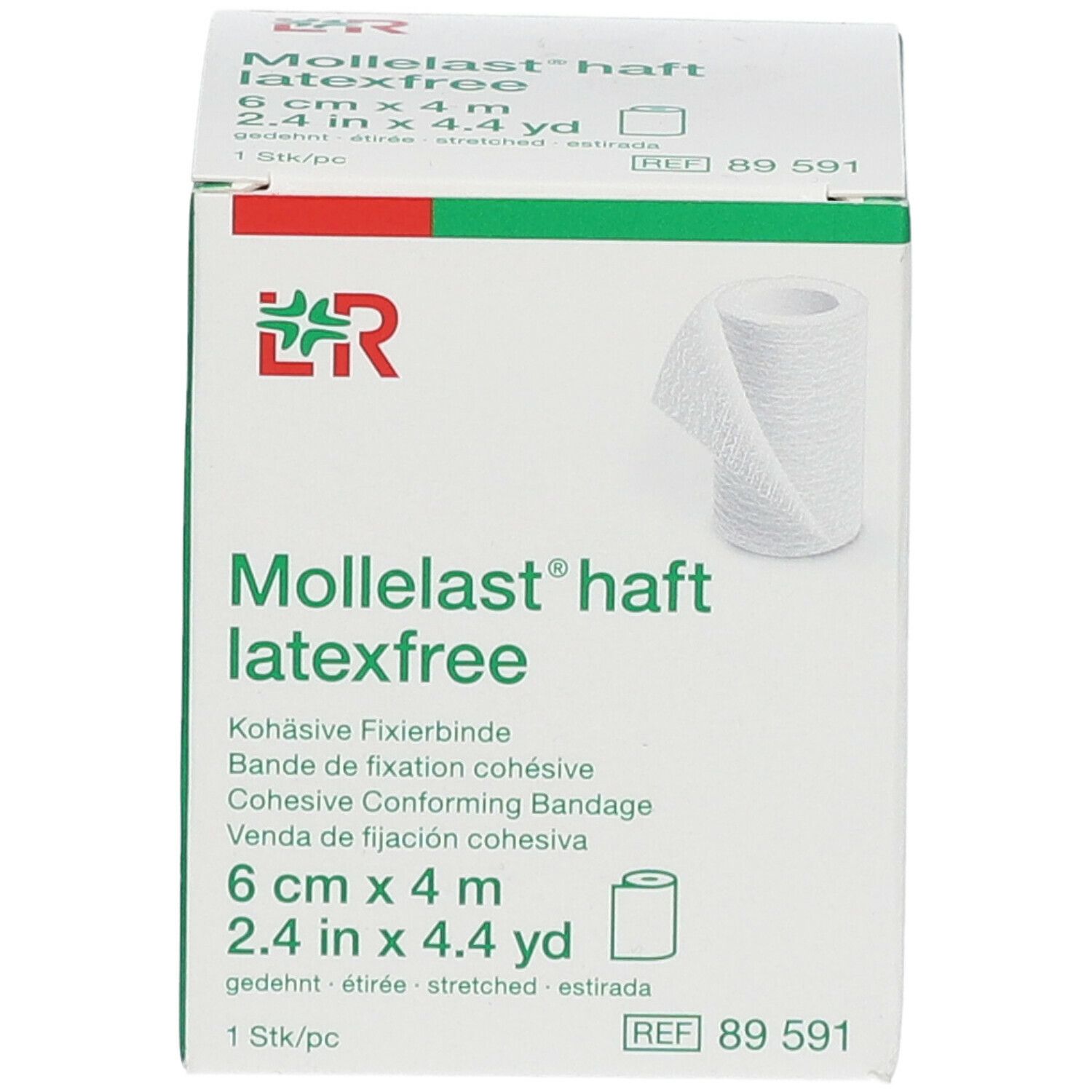 Witte doos Mollelast haft latexfree. 6 cm x 4 m. Cohesieve fixatiewindsel. Rol van het product afgebeeld.