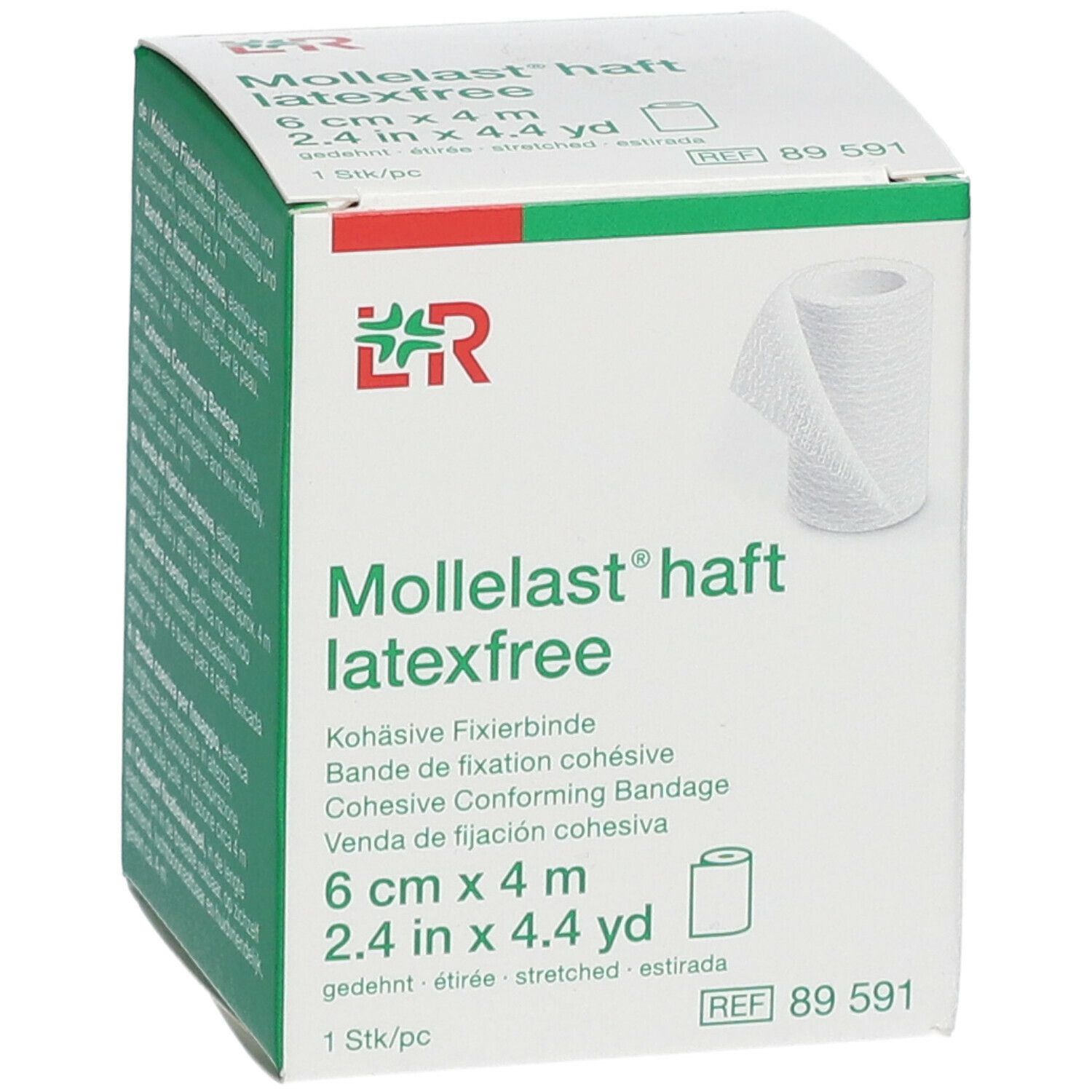 Witte doos Mollelast haft latexfree. 6 cm x 4 m. Cohesieve fixatiewindsel. Rol van het product afgebeeld.