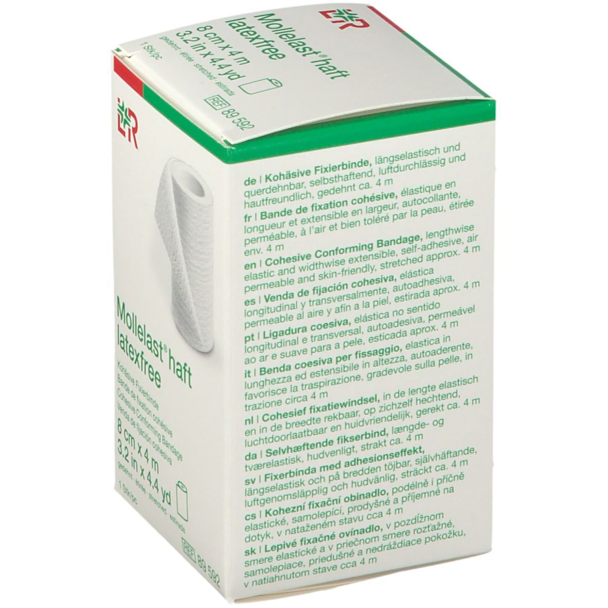 Dos de l'emballage L&R Mollelast haft sans latex. Informations multilingues sur le produit. Taille : 8 cm x 4 m.