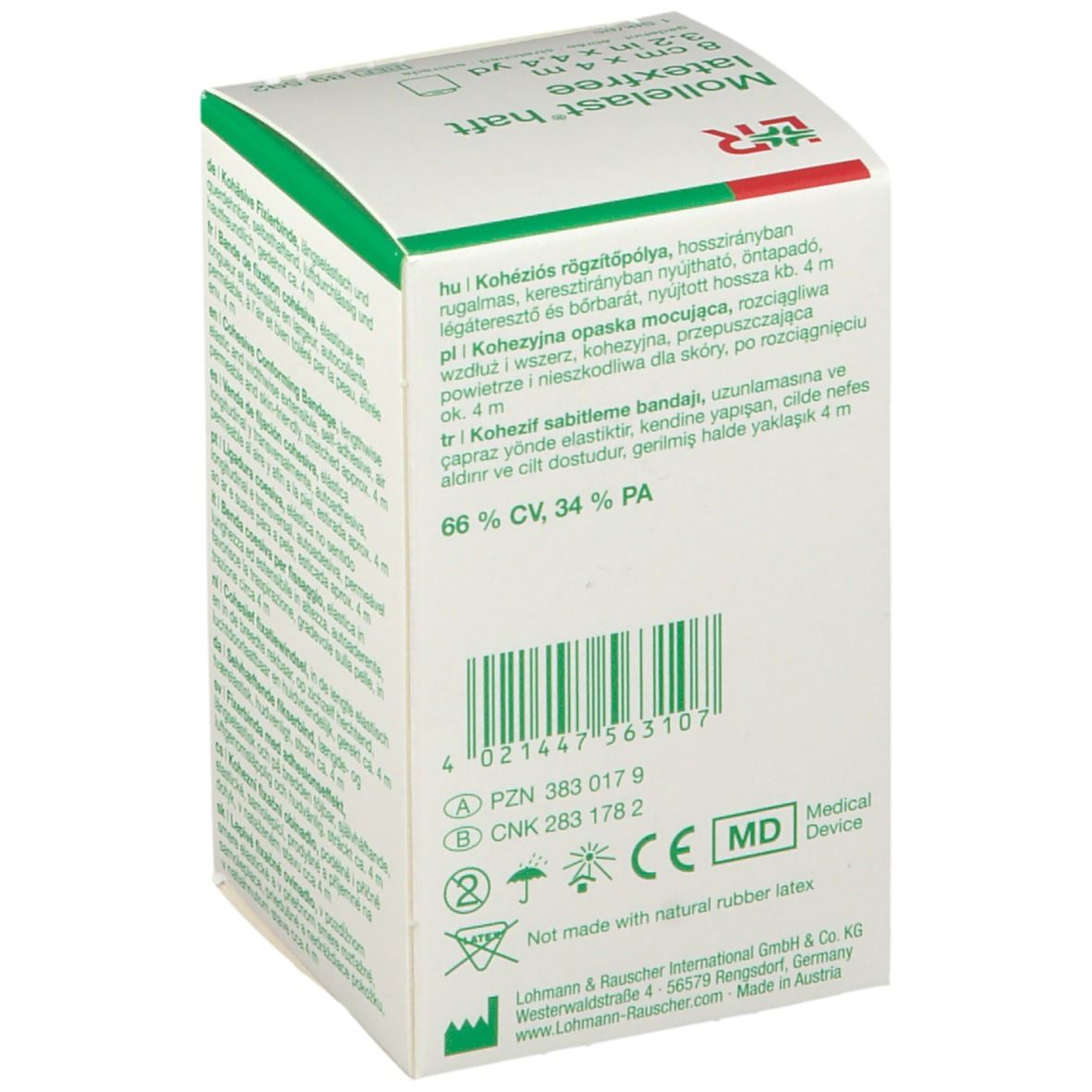 Dos de l'emballage L&R Mollelast haft sans latex. Code-barres, marquage CE et autres symboles.