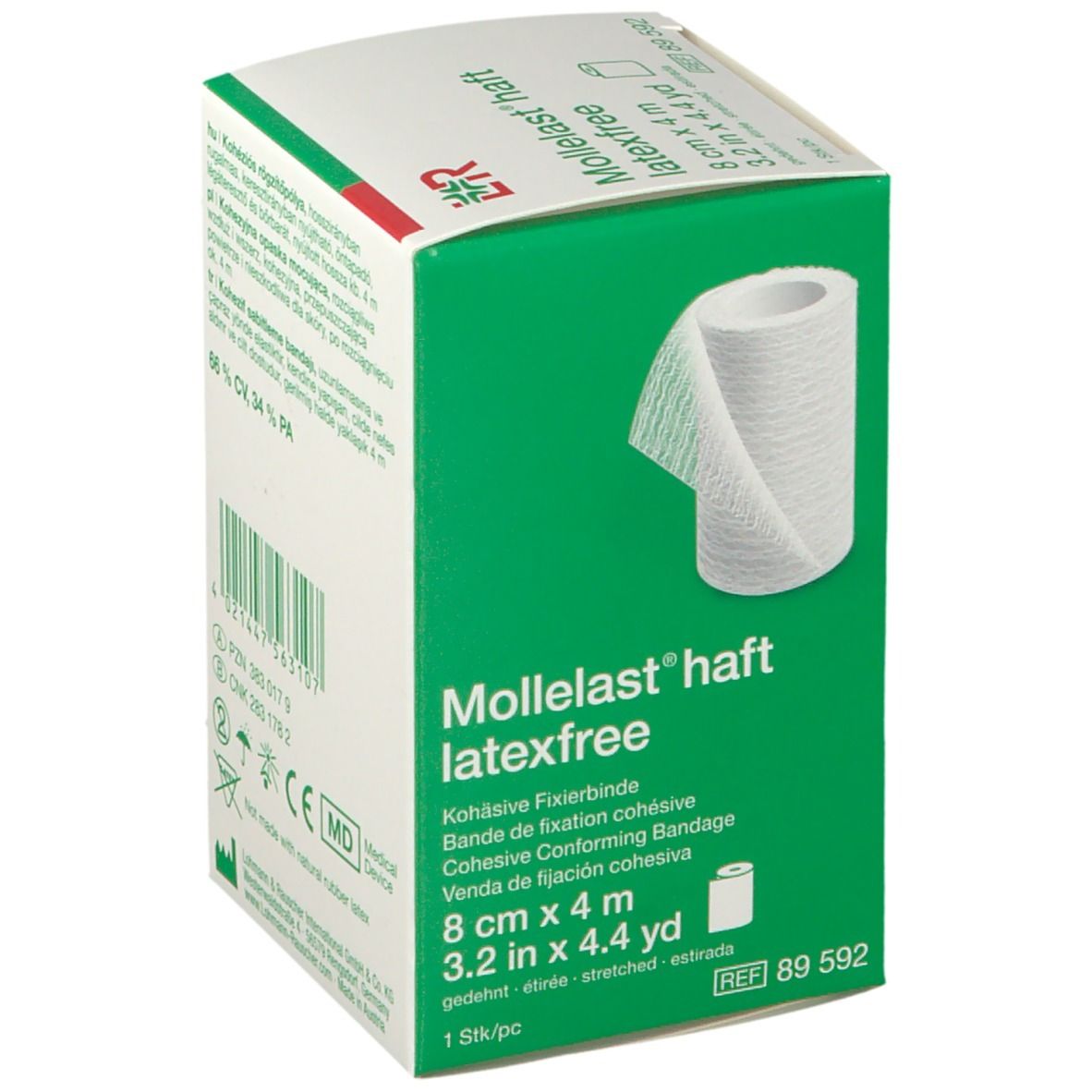 Emballage L&R Mollelast haft sans latex. 8 cm x 4 m. Bande de fixation cohésive. Compresse blanche sur l'emballage.