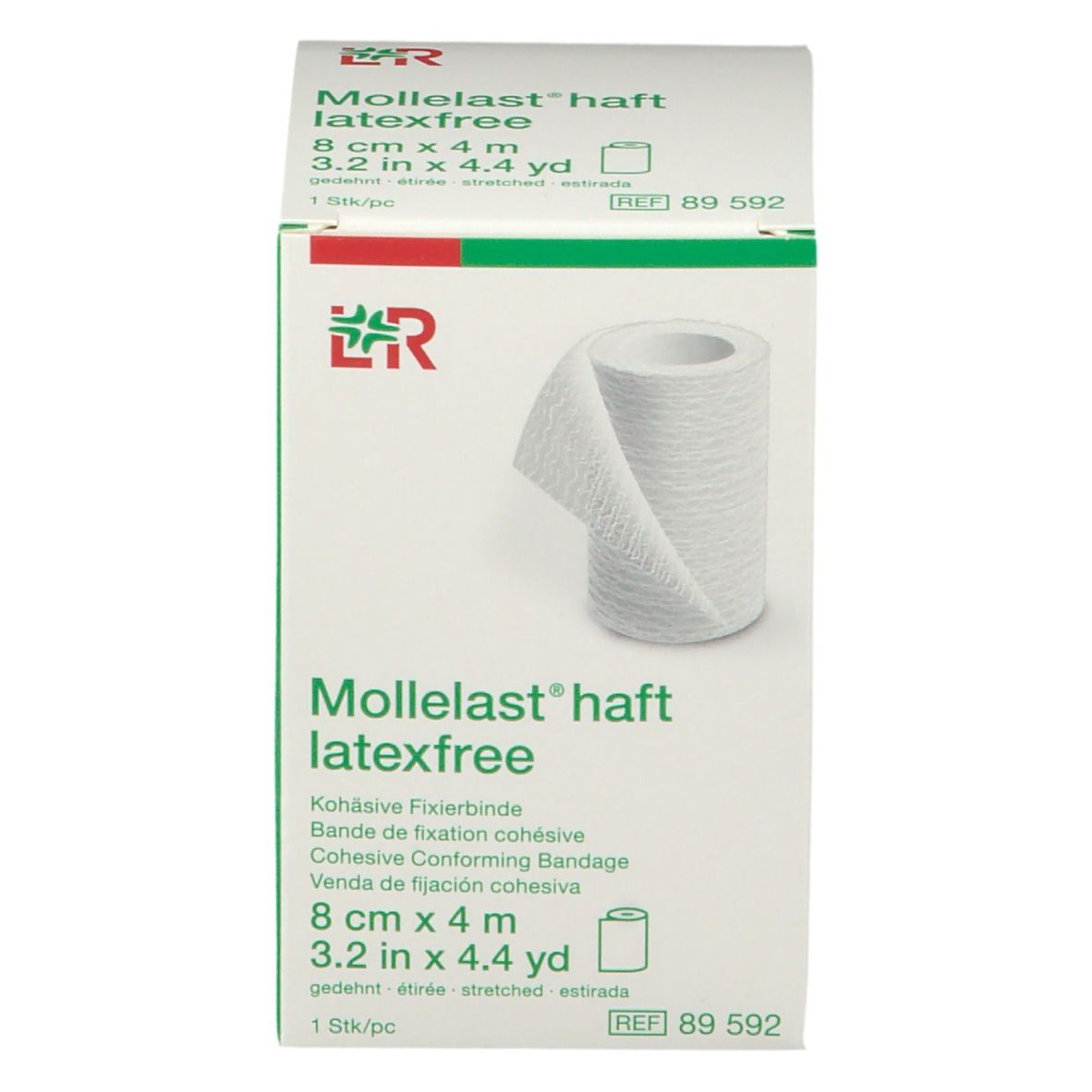Emballage L&R Mollelast haft sans latex. 8 cm x 4 m. Bande de fixation cohésive. Compresse blanche sur l'emballage.