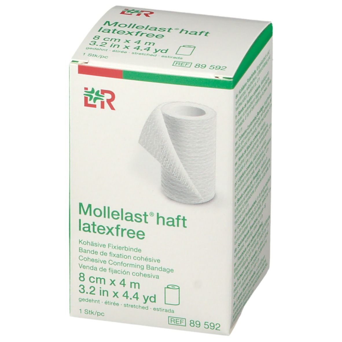 Emballage L&R Mollelast haft sans latex. 8 cm x 4 m. Bande de fixation cohésive. Compresse blanche sur l'emballage.