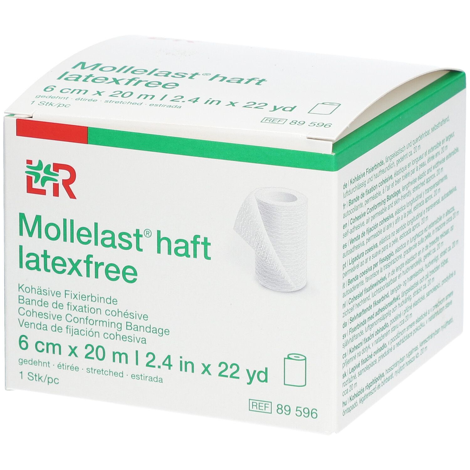 Confezione di Mollelast® haft latexfree. 6 cm x 20 m. Benda coesiva. Benda bianca raffigurata sulla confezione.