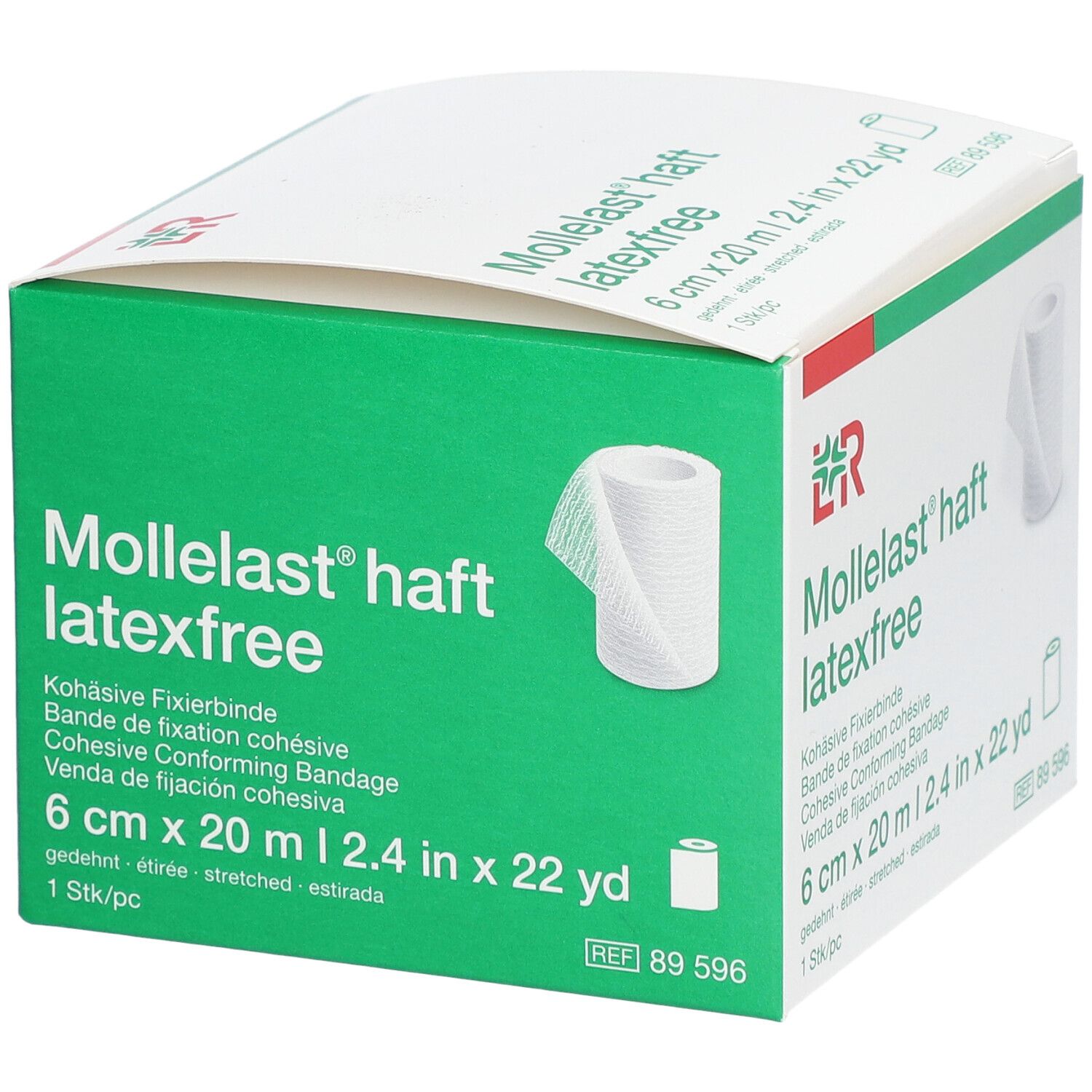 Confezione verde di Mollelast® haft latexfree. 6 cm x 20 m. Benda coesiva. Benda bianca raffigurata sulla confezione.