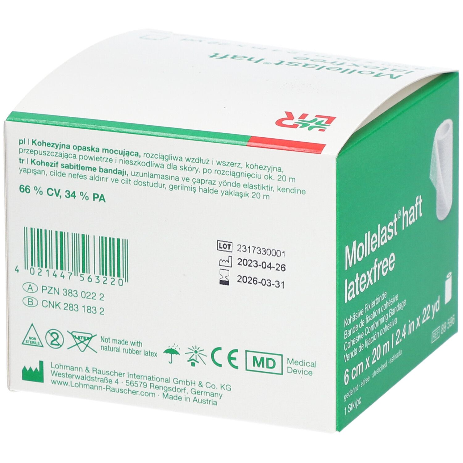 Retro della confezione di Mollelast® haft latexfree. Testo multilingue. Codice a barre, numero di lotto e data di scadenza.