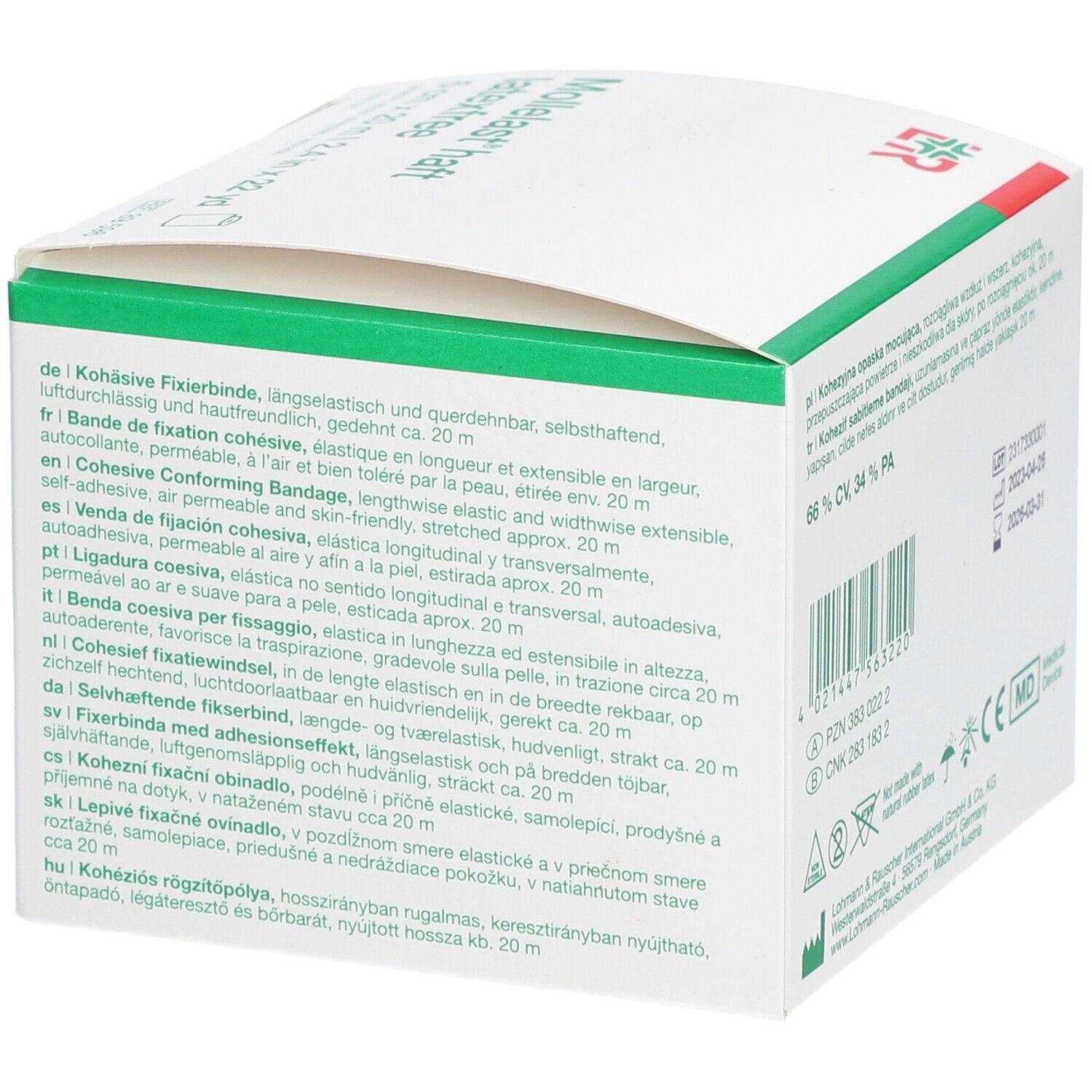 Retro della confezione di Mollelast® haft latexfree. Testo multilingue. Marchio dispositivo medico.