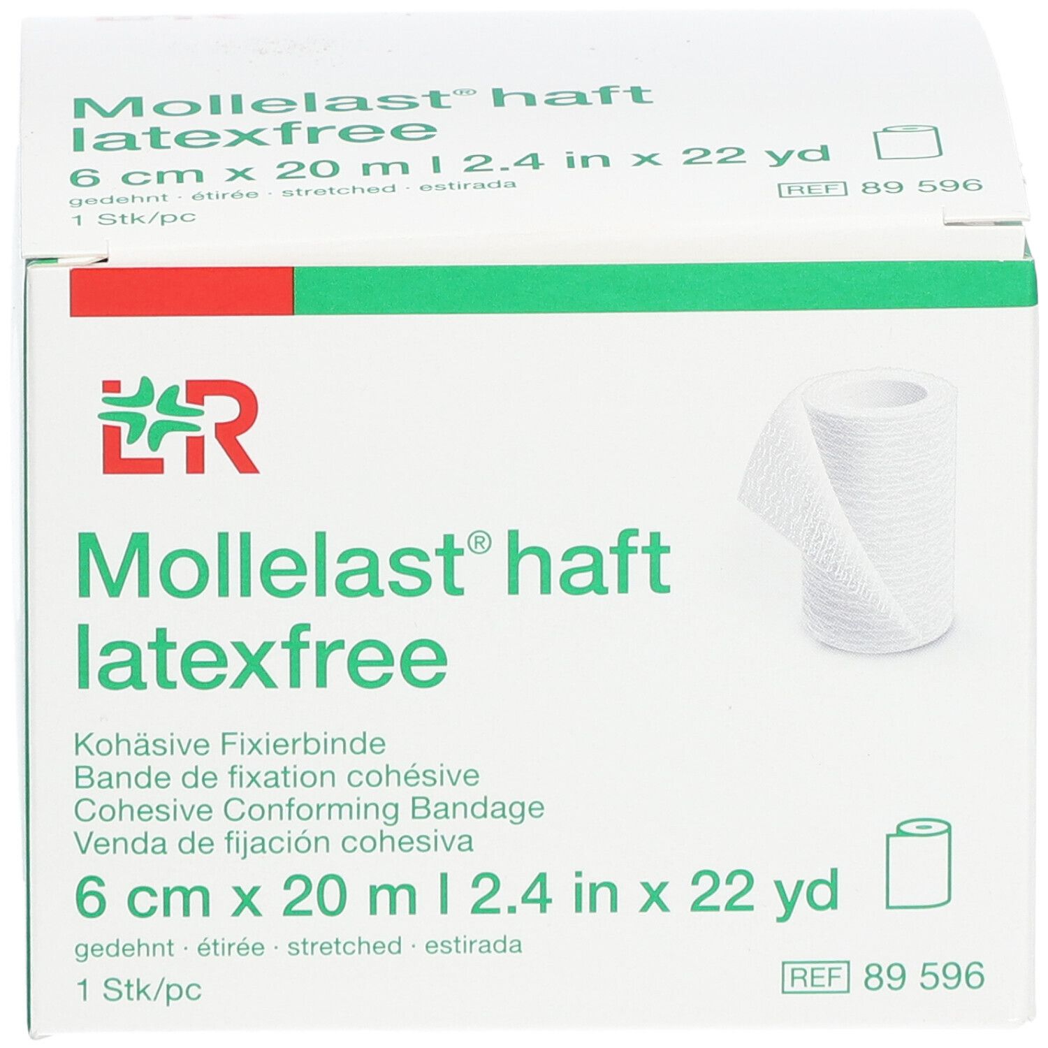 Confezione di Mollelast® haft latexfree. 6 cm x 20 m. Benda coesiva. Benda bianca raffigurata sulla confezione.