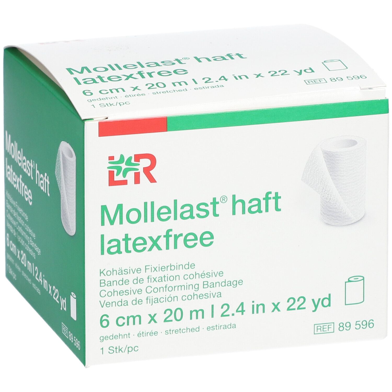 Confezione di Mollelast® haft latexfree. 6 cm x 20 m. Benda coesiva. Benda bianca raffigurata sulla confezione.