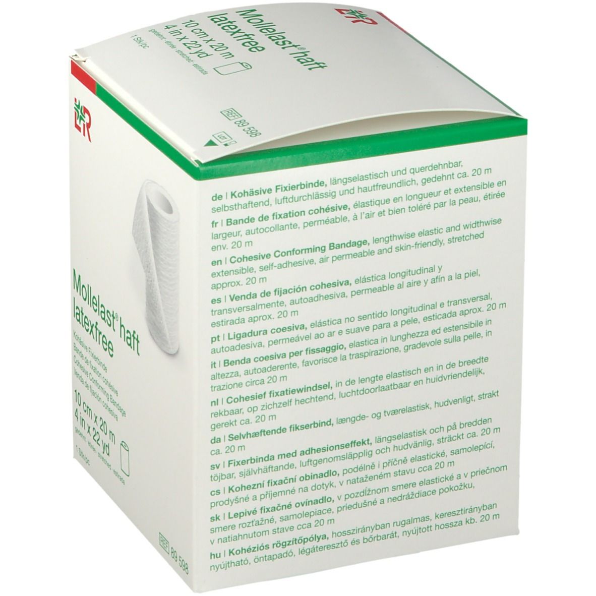 Emballage avec textes en plusieurs langues. Inscription : Mollelast haft, latexfree, 10 cm x 20 m. Emballage vert et blanc.