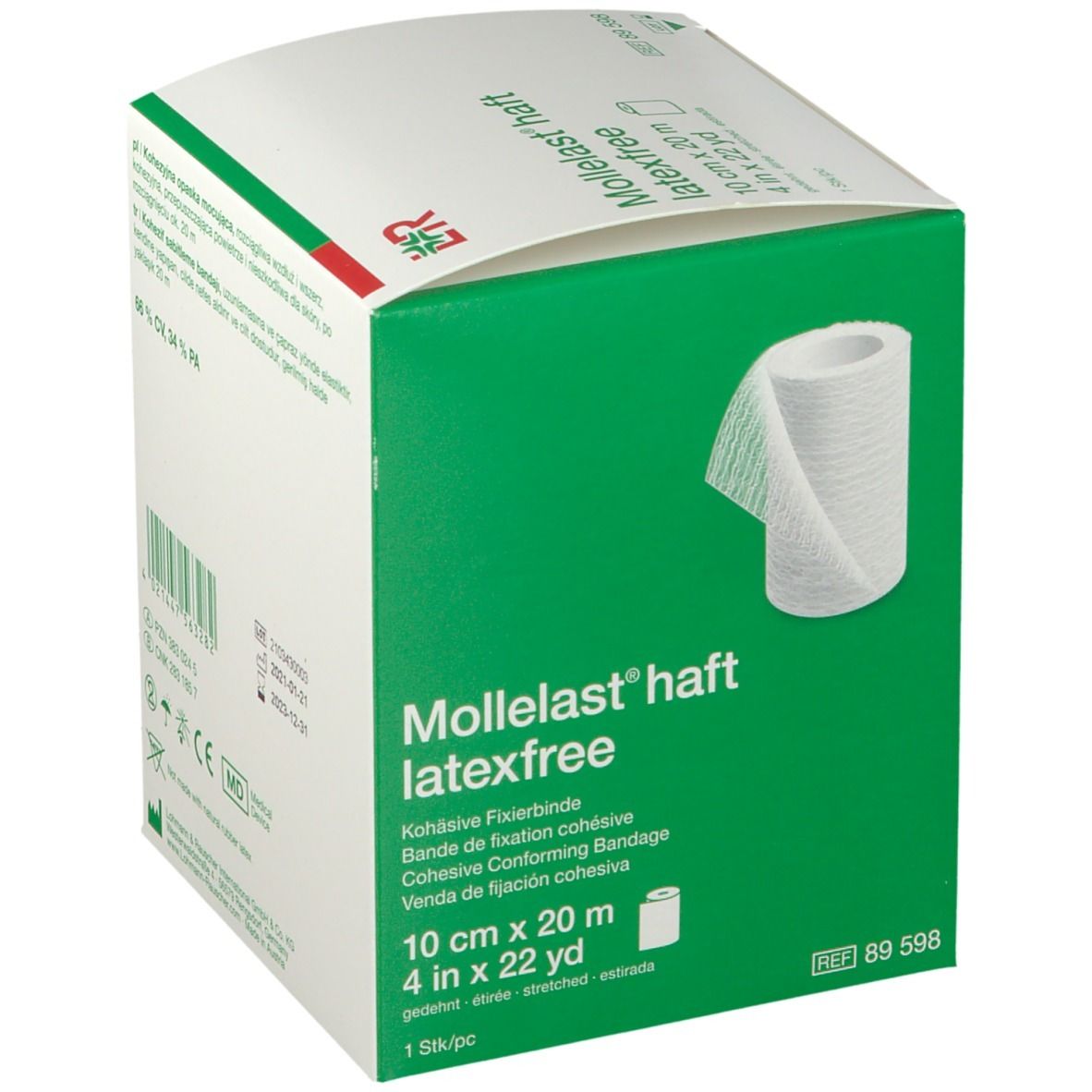 Boîte de bandage de fixation cohésif blanc. Inscription : Mollelast haft, latexfree, 10 cm x 20 m. Emballage vert et blanc.