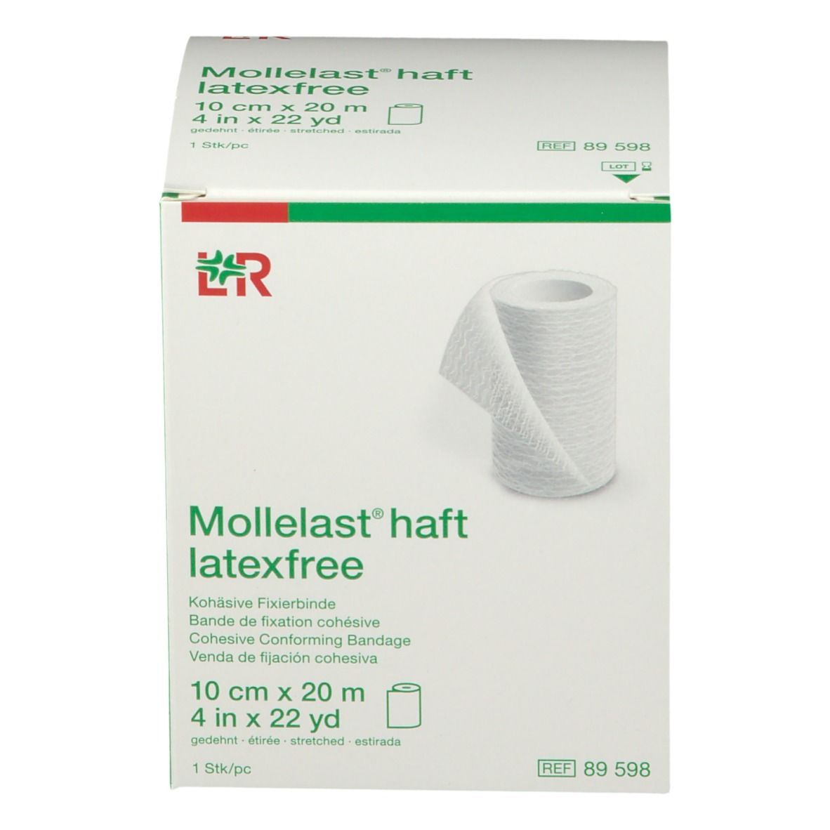 Boîte de bandage de fixation cohésif blanc. Inscription : Mollelast haft, latexfree, 10 cm x 20 m. Emballage vert et blanc.