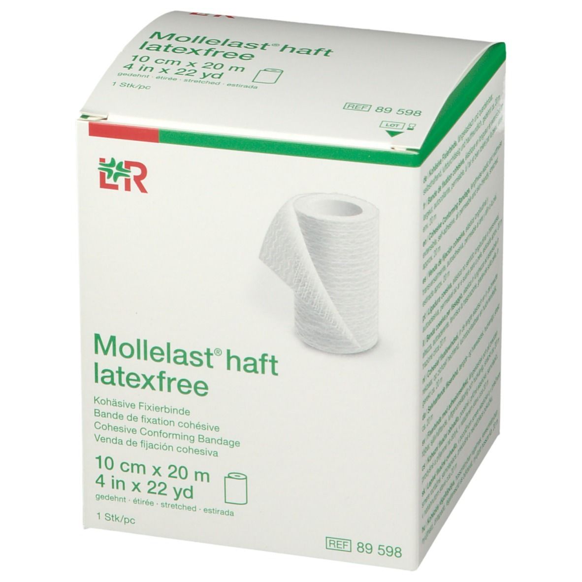Boîte de bandage de fixation cohésif blanc. Inscription : Mollelast haft, latexfree, 10 cm x 20 m. Emballage vert et blanc.