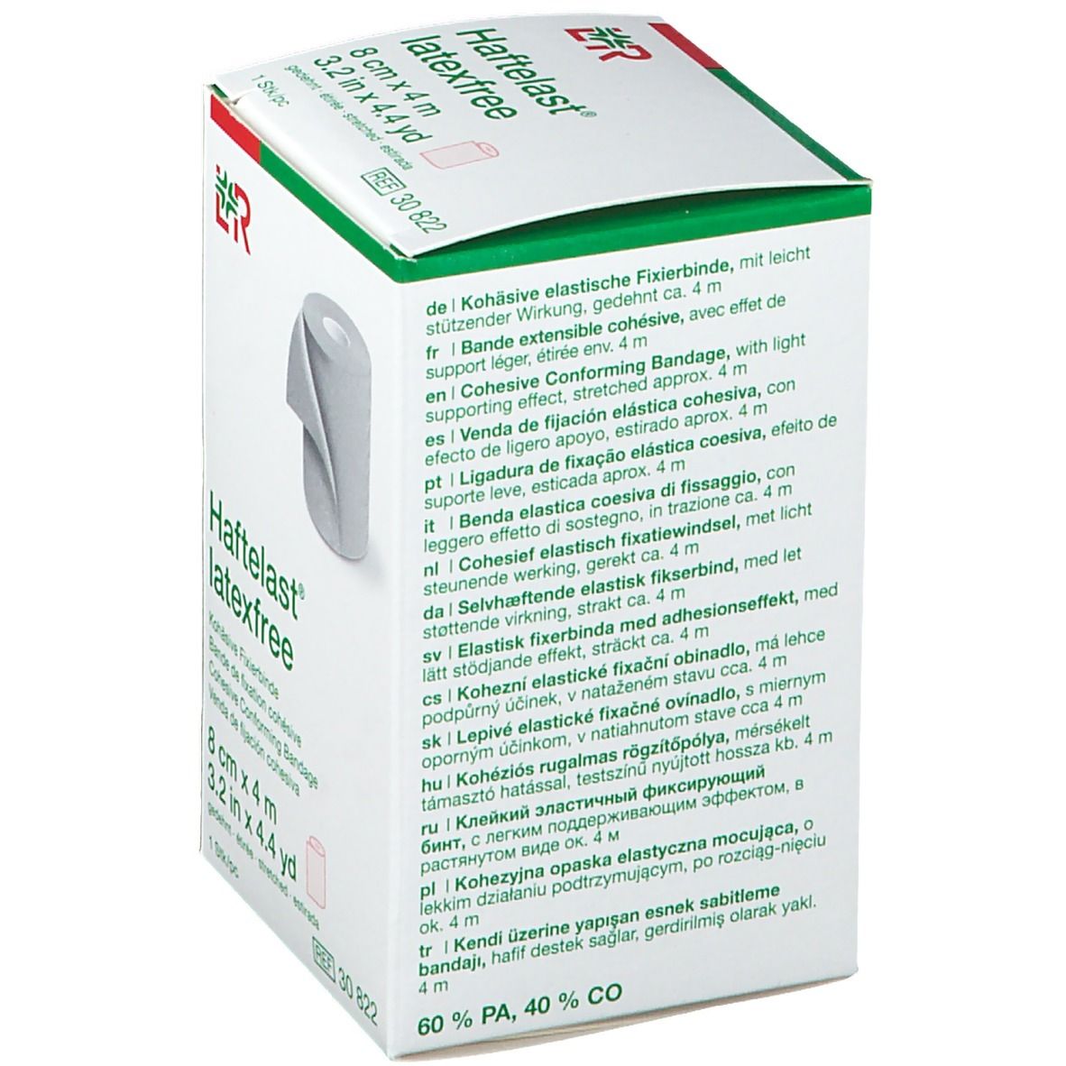 Emballage de Haftelast® latexfree. Texte multilingue. Informations sur le bandage de fixation. 8 cm x 4 m. Logo et nom du produit visibles.