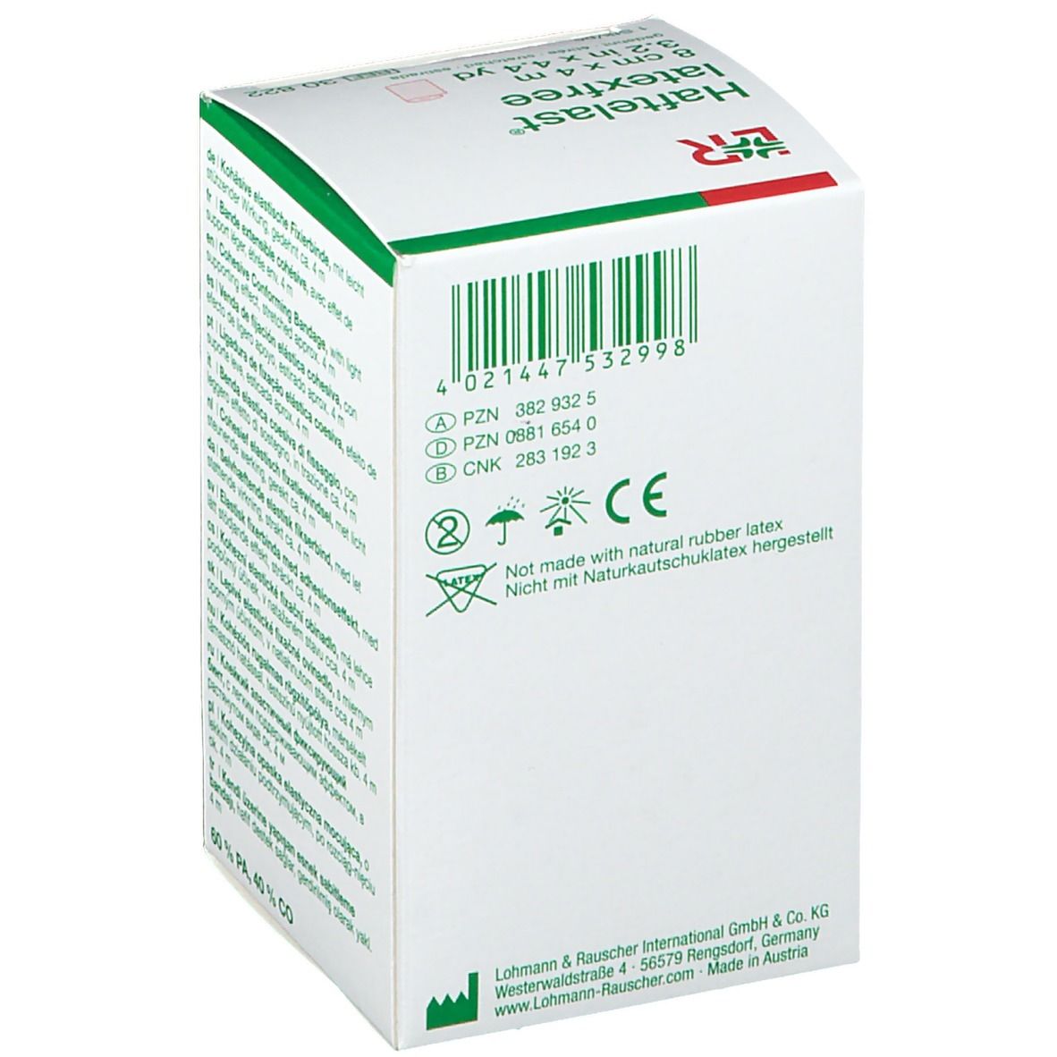 Dos de l'emballage Haftelast® latexfree. Code-barres, numéros PZN, marquage CE et instructions. Informations du fabricant.