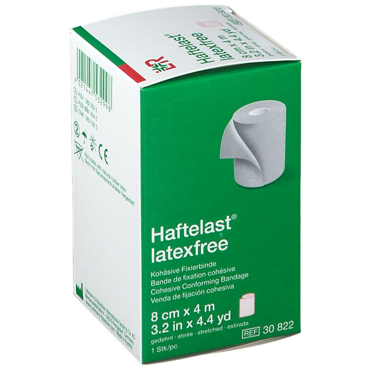 Emballage Haftelast® latexfree. Bande de fixation 8 cm x 4 m. Logo et nom du produit. Rouleau de bandage illustré. Emballage vert.