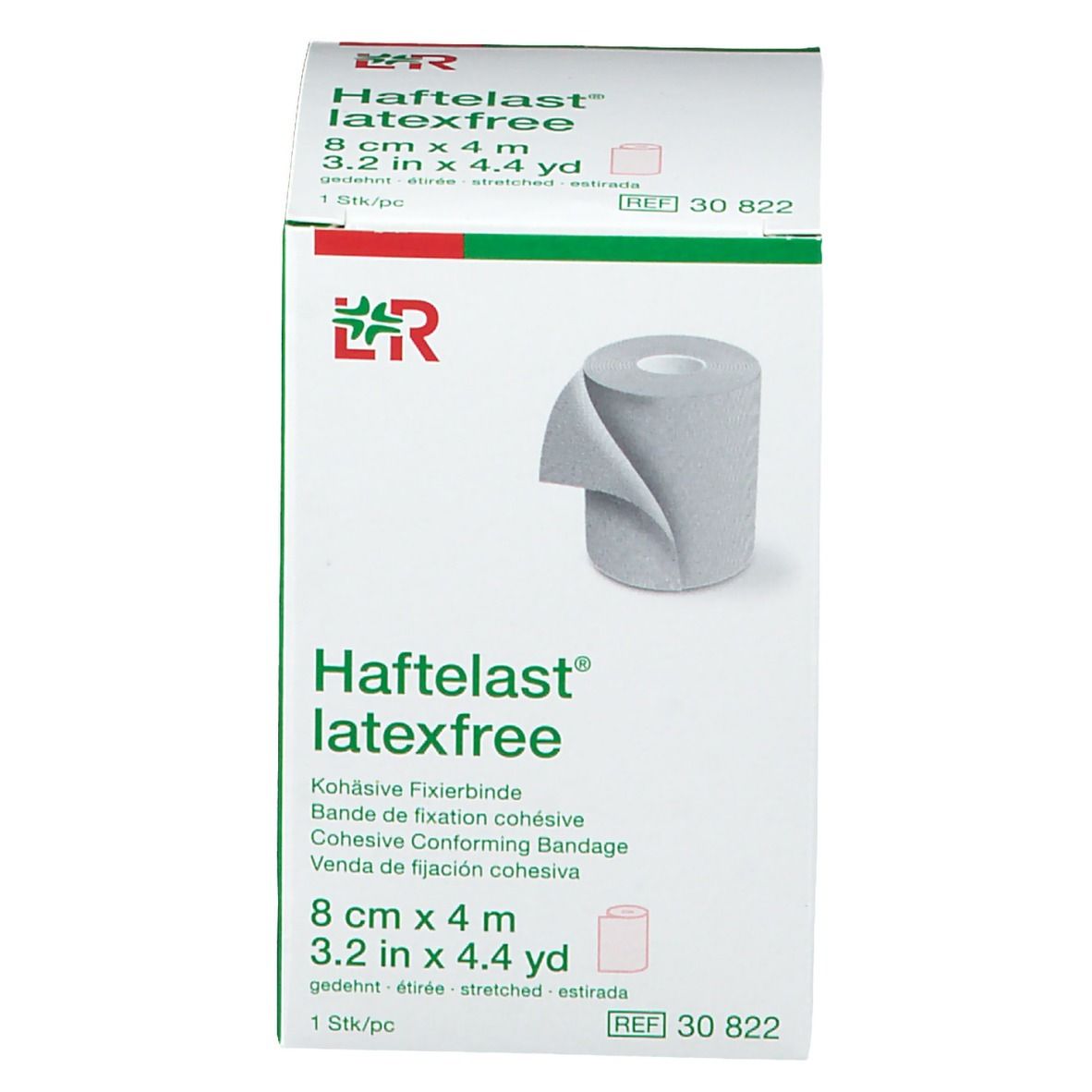 Emballage Haftelast® latexfree. Bande de fixation 8 cm x 4 m. Logo et nom du produit. Rouleau de bandage illustré. Emballage blanc.