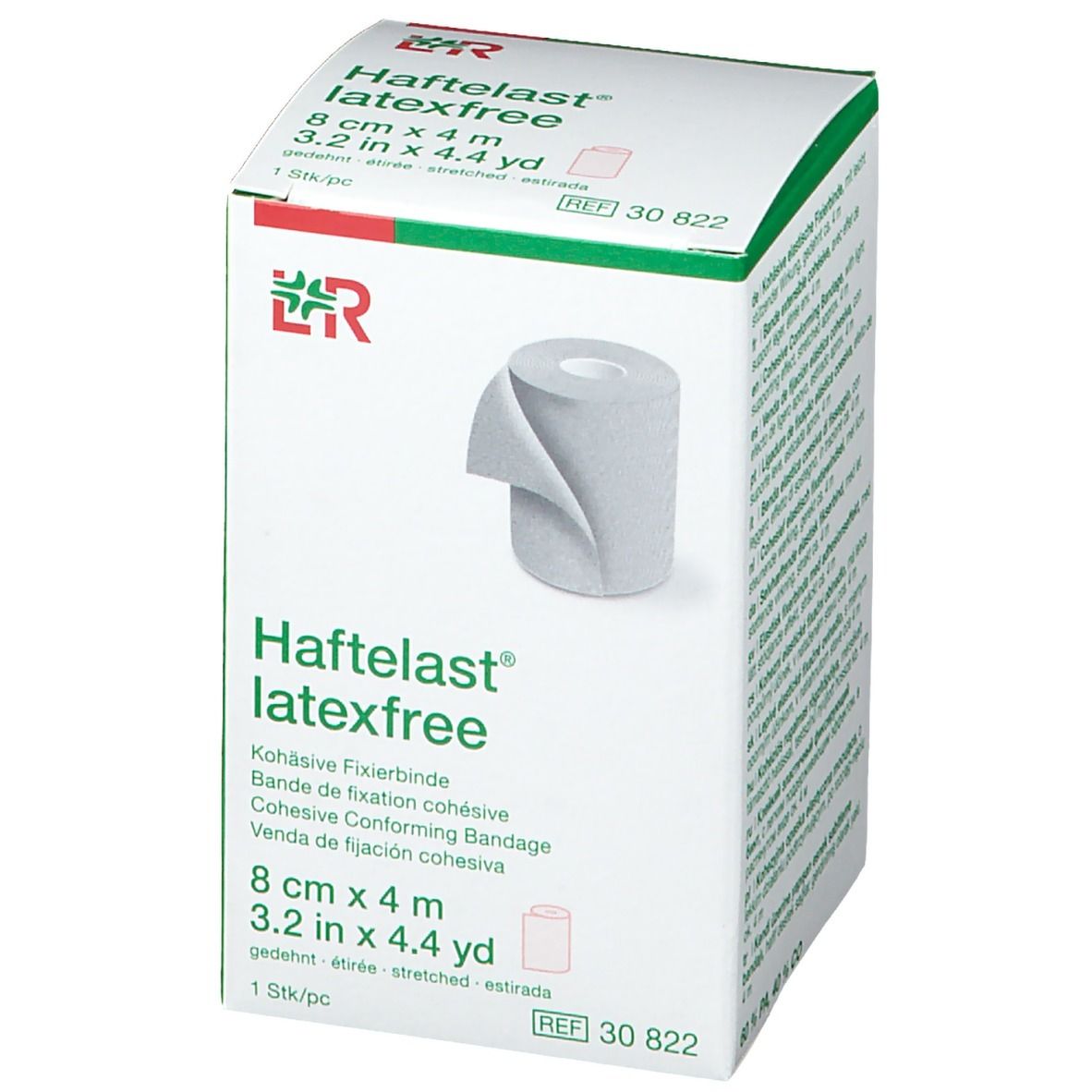 Emballage Haftelast® latexfree. Bande de fixation 8 cm x 4 m. Logo et nom du produit. Rouleau de bandage illustré. Emballage blanc.