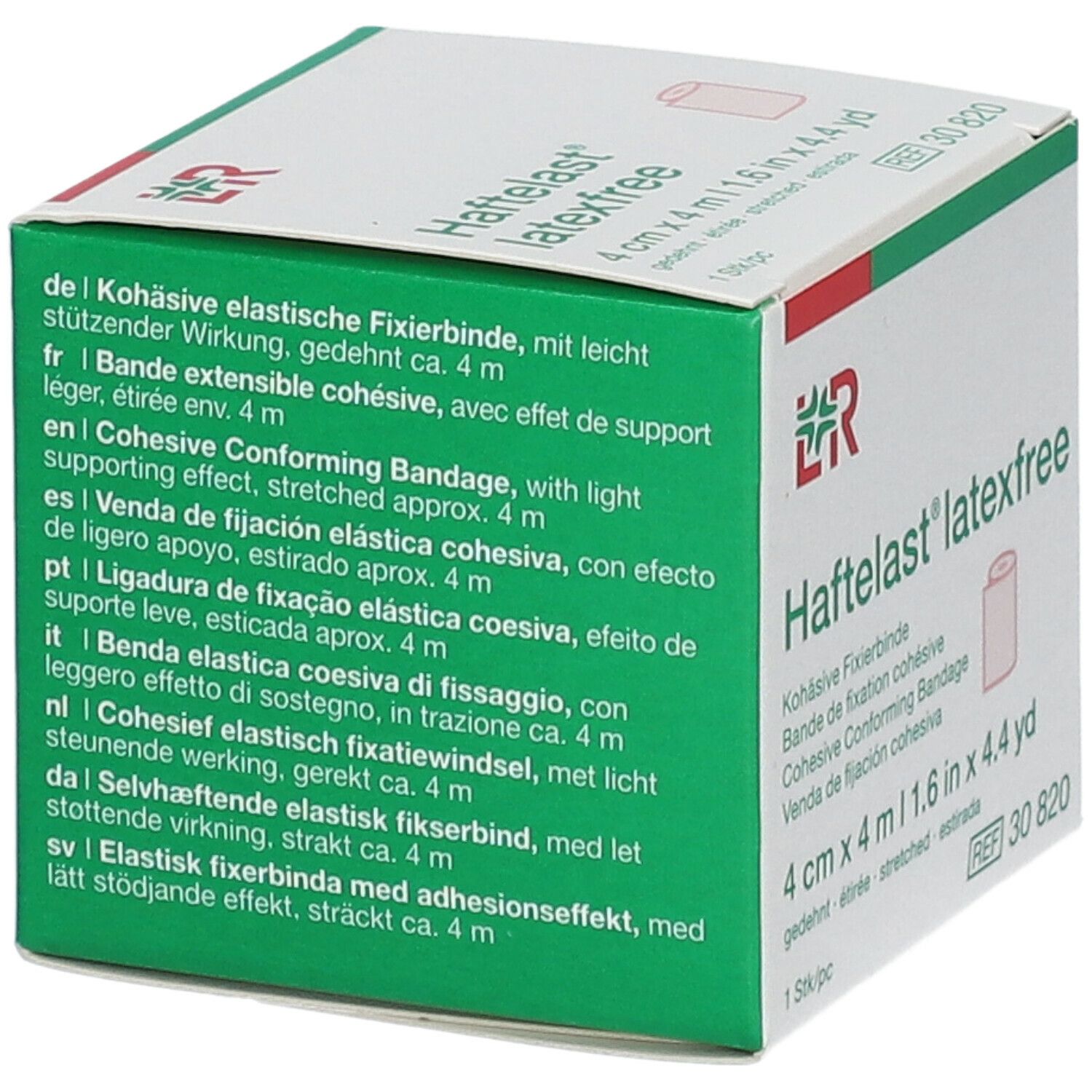 Boîte Haftelast latexfree avec textes multilingues. Dessus vert. Informations produit et logo.