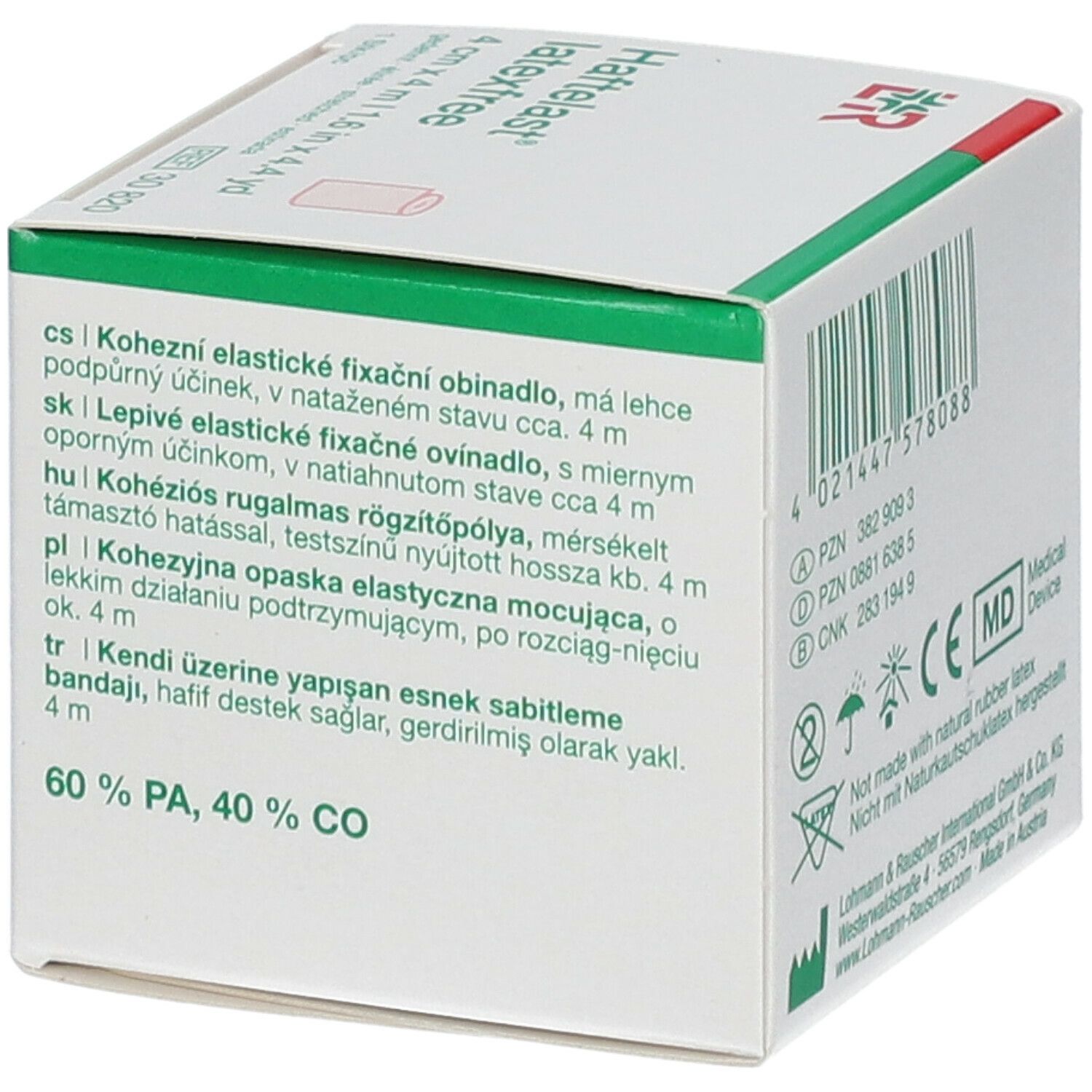 Boîte Haftelast latexfree avec textes multilingues. Logo, certifications et informations produit.