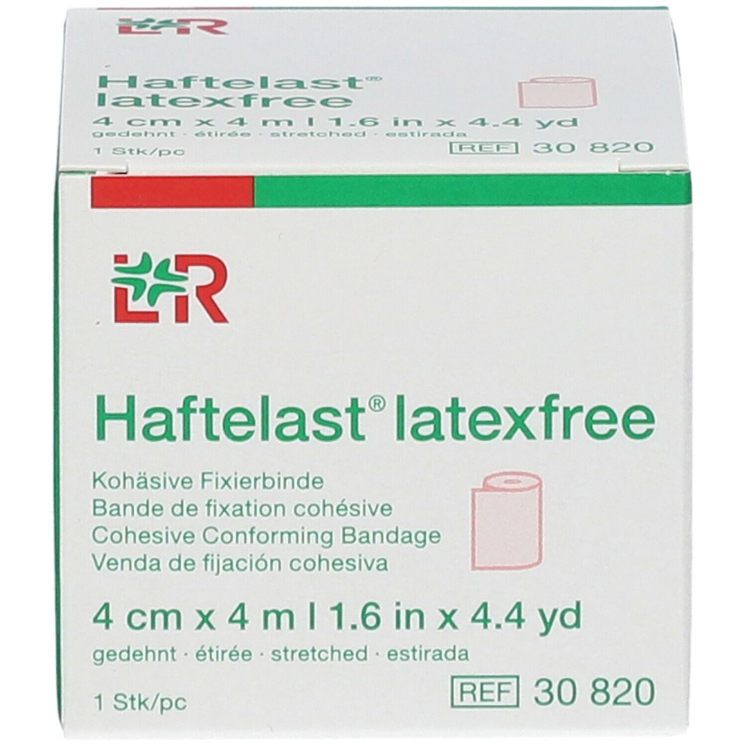 Boîte blanche Haftelast latexfree. Bande de fixation 4 cm x 4 m. Logo et nom du produit clairement visibles.