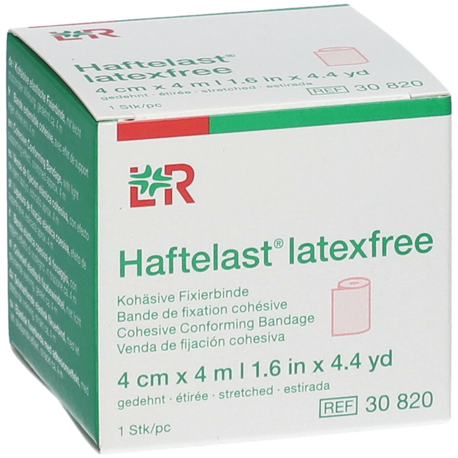 Boîte blanche Haftelast latexfree. Bande de fixation 4 cm x 4 m. Logo et nom du produit clairement visibles.